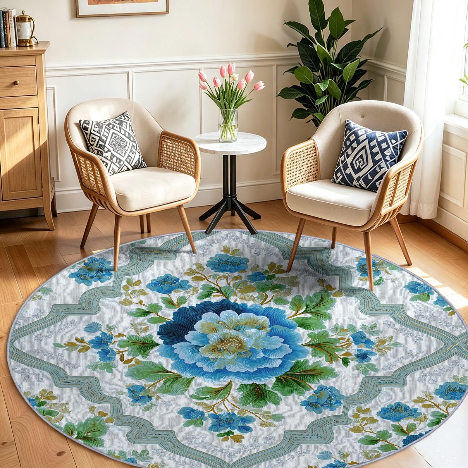 Tapis Rond Bleu 160 cm Antidérapant, Motif Floral Géométrique Champêtre