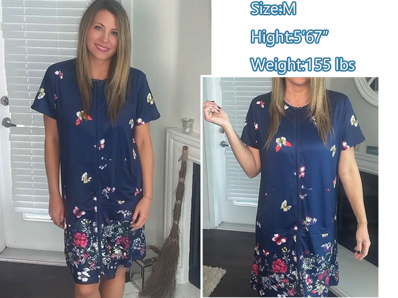 Image of Ekouaer Women Robes Lightweight House Coat Short Sleeve Floral Print Mumu House Dresses with Pockets Zipper Nightgowns