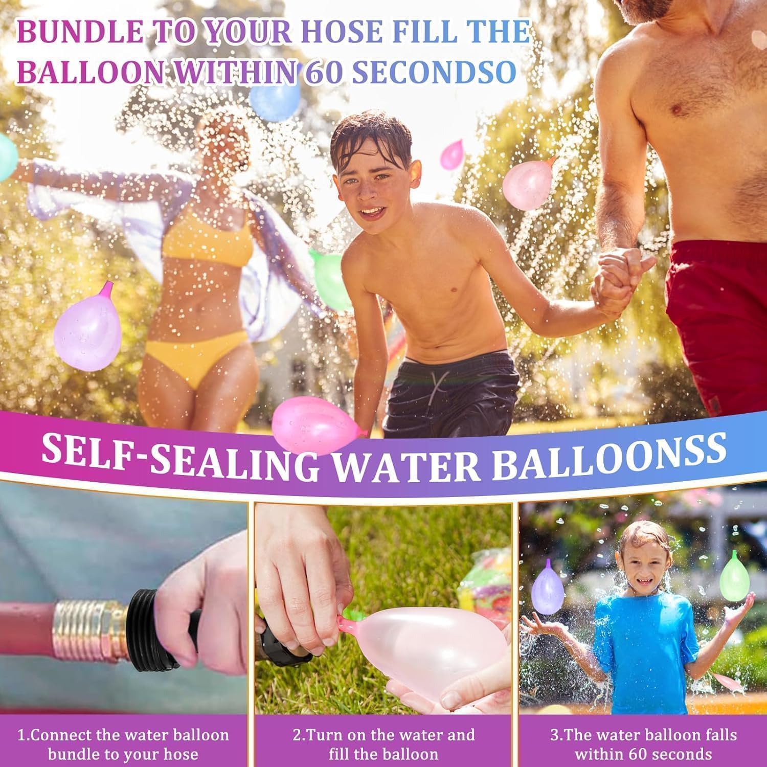555 Stück Wasserbomben Selbstschließend, Wiederverwendbare Wasserbomben mit 4 Wasserhahn Anschluss, Schnellfüller Wasser Luftballons, Bunt Wasserballons, Water Balloons für Strände,Poolparty,Strände - 3