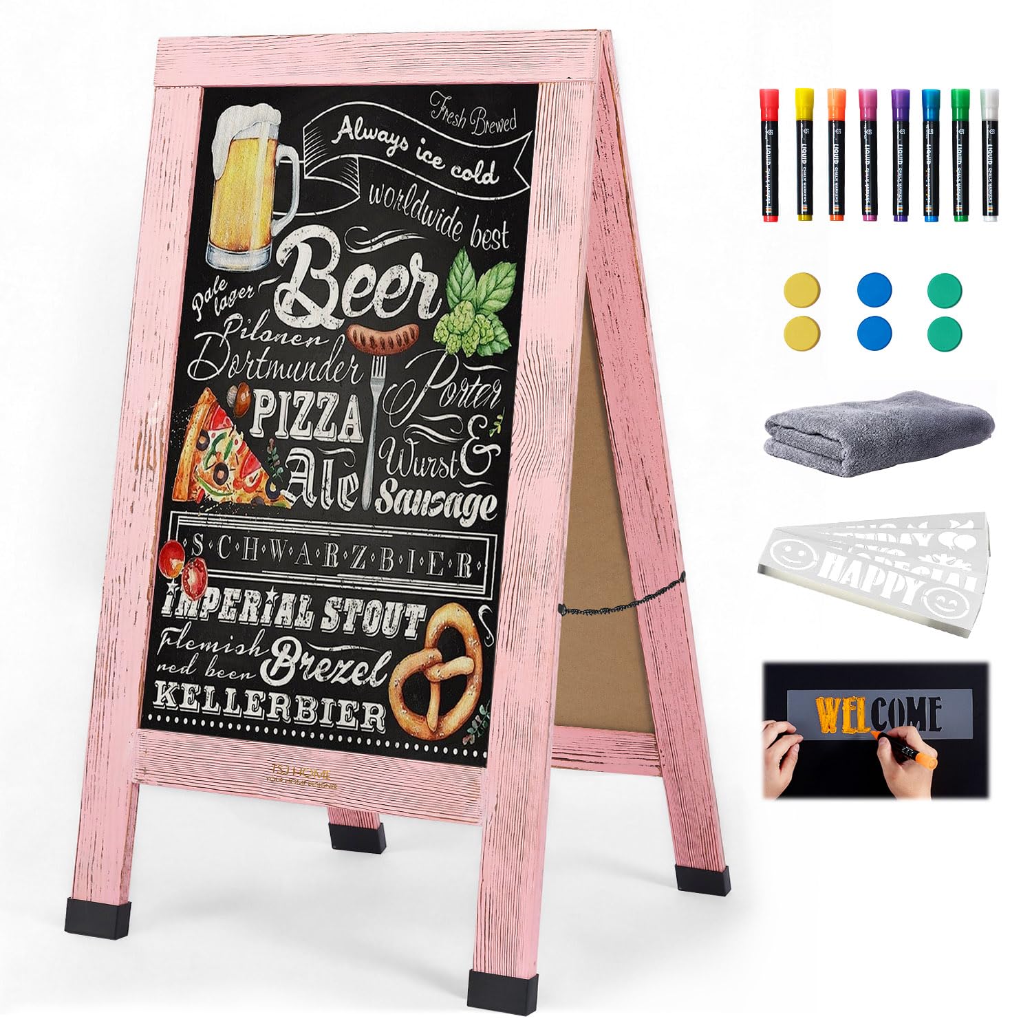 Wood Magnetic A-Frame Chalkboard Signs, 40" x 20" Large Sandwich Board Signs Outdoor, Double-Sided Sidewalk Blackboard for Business, Wedding, Vendor Display, Coffee Shope - Pink