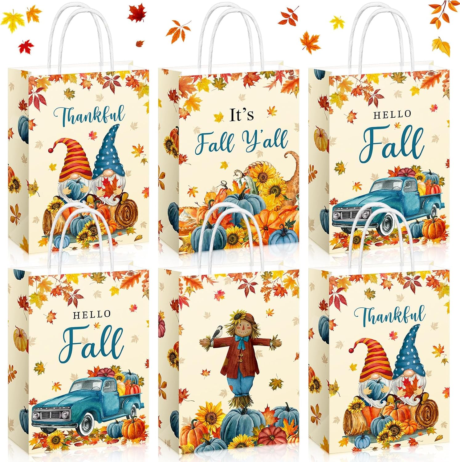 Pasimy 32 Pcs Thanksgiving Gift Treat Bags Fall Gift Goodie Bags Autumn Candy Paper Bag with Handles Pumpkin Maple Leaves Scarecrow Thankful Pouch for Fall Harvest Thanksgiving Party Favors Supplies