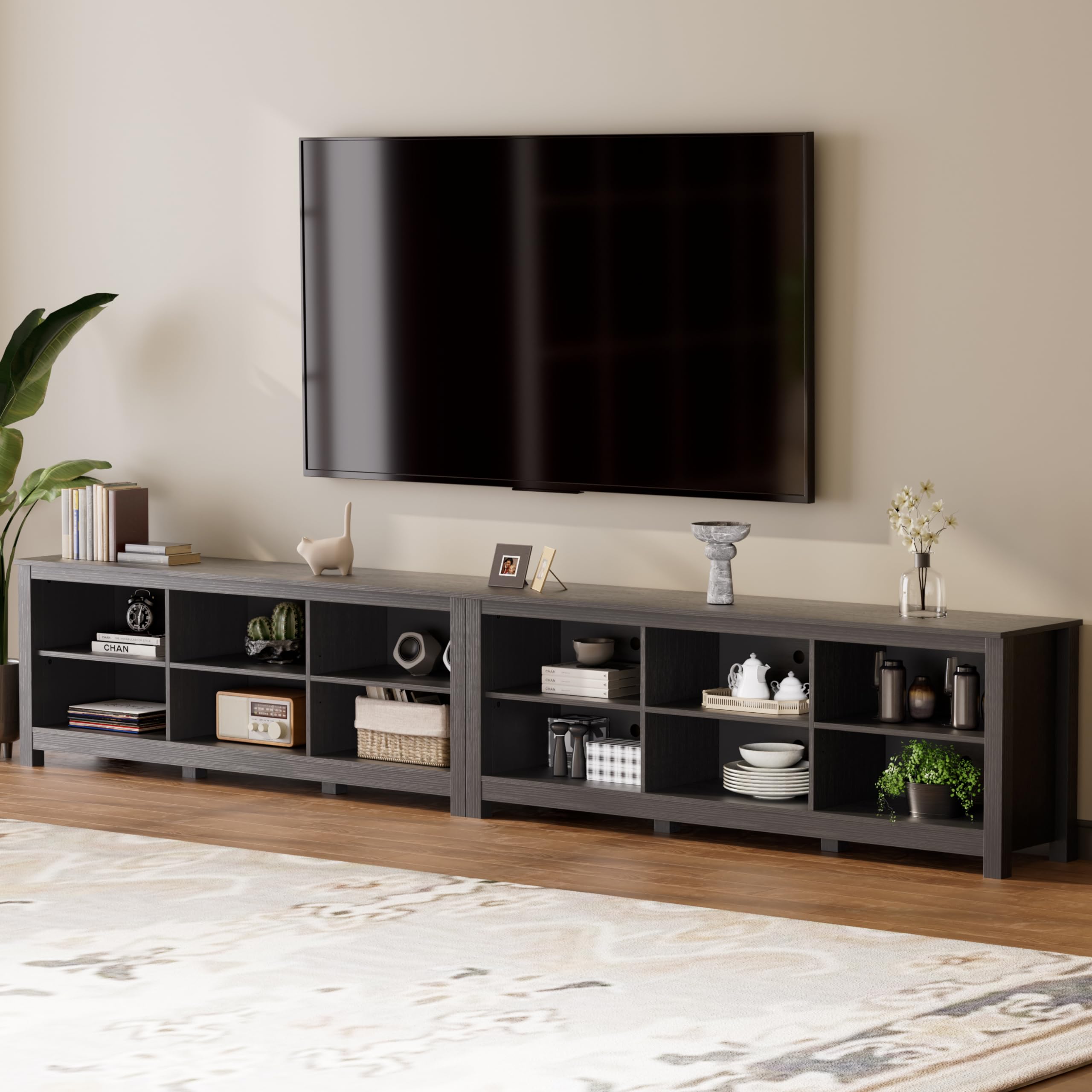 BVIUNTWO TV Stand for 110 Inch TV, Black Entertainment Center for 90+ inch TV Console Table with 12 Cubby Storage, Classic Television Stands for