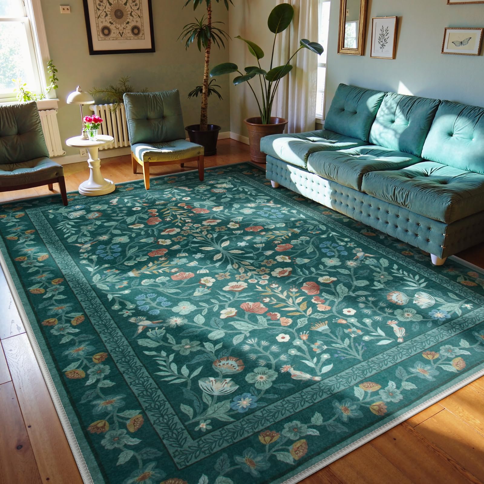 Lahome Floral Washable Area Rugs 8x10, Non-Slip Living Room Carpet Soft Tumble Washable Rugs for Bedroom Nursery, Vintage Botanical Print Carpet for