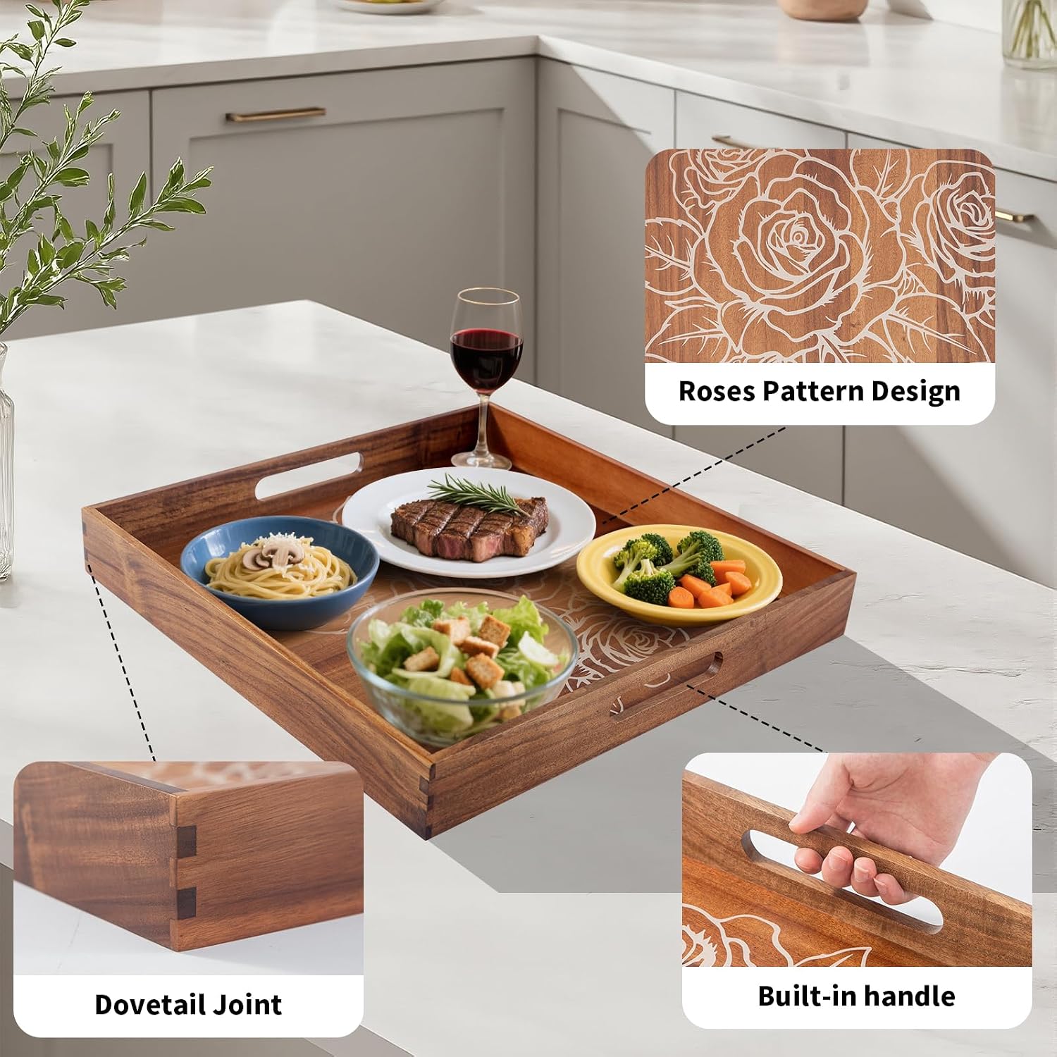 Ottoman Tray with Handles, 20 Inches Acacia Wood Serving Tray, Extra Large Tray for Ottoman Decorative Trays Serving for Living Room for Decorative, Coffee Table, Breakfast in Bed, Appetizers