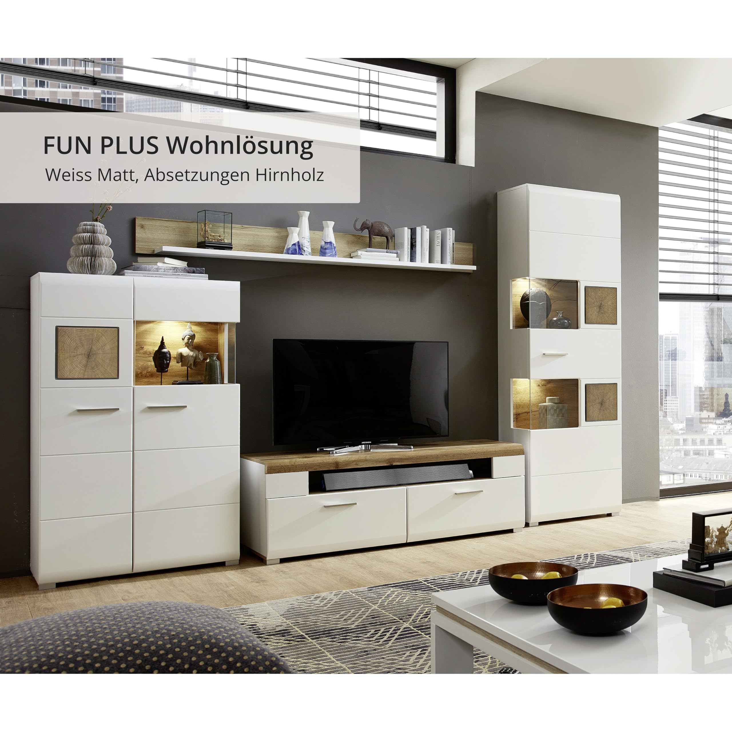 Stella Trading Fun Plus Wohnwand Komplett-Set mit schönen Hirnholz-Applikationen & Eiche Dekor - Moderne Schrankwand für Ihr Wohnzimmer - 325 x 205 x 47 cm (B/H/T)