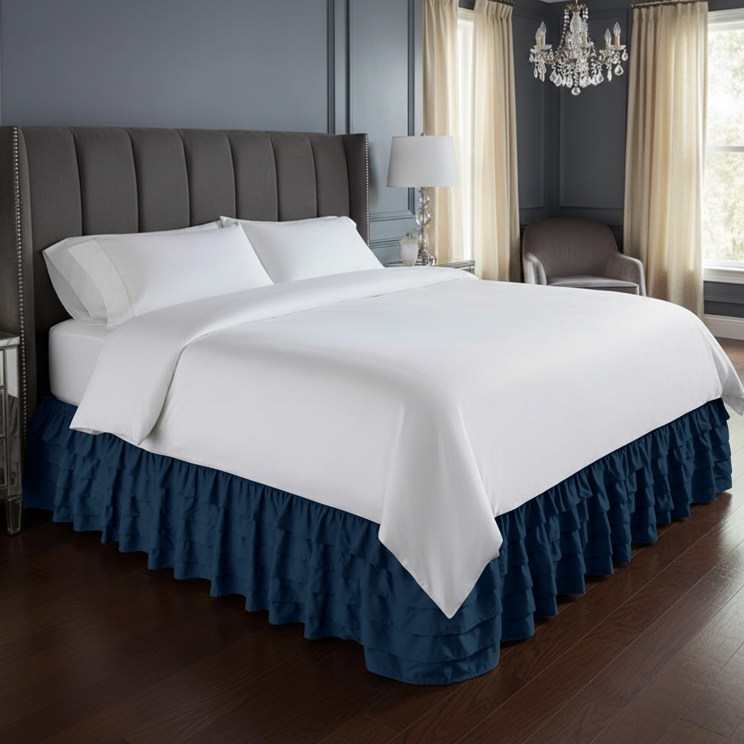 Elegant Comfort Luksusowa najwyższej jakości 1500 gęstość splotu odporna na zagniecenia i blaknięcie egipska jakość mikrofibra wielowarstwowa narzuta na łóżko - 38 cm kropla, Queen, granatowa