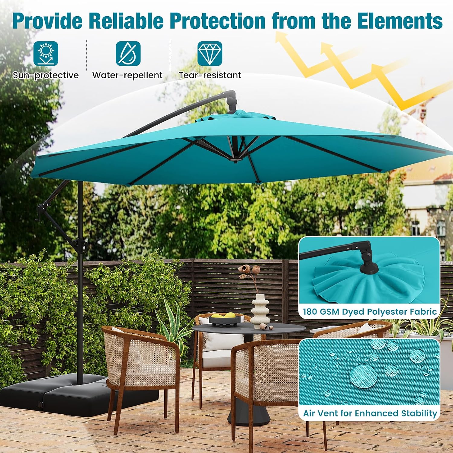 HAPPYGRILL 10 FT Patio Umbrella with Base, Outdoor Offset Cantilever Umbrella w/2 Sandbags, Tilt Adjustment, 360° Rotation, Crank Handle, Hanging Market Parasol for Garden Backyard Pool Deck