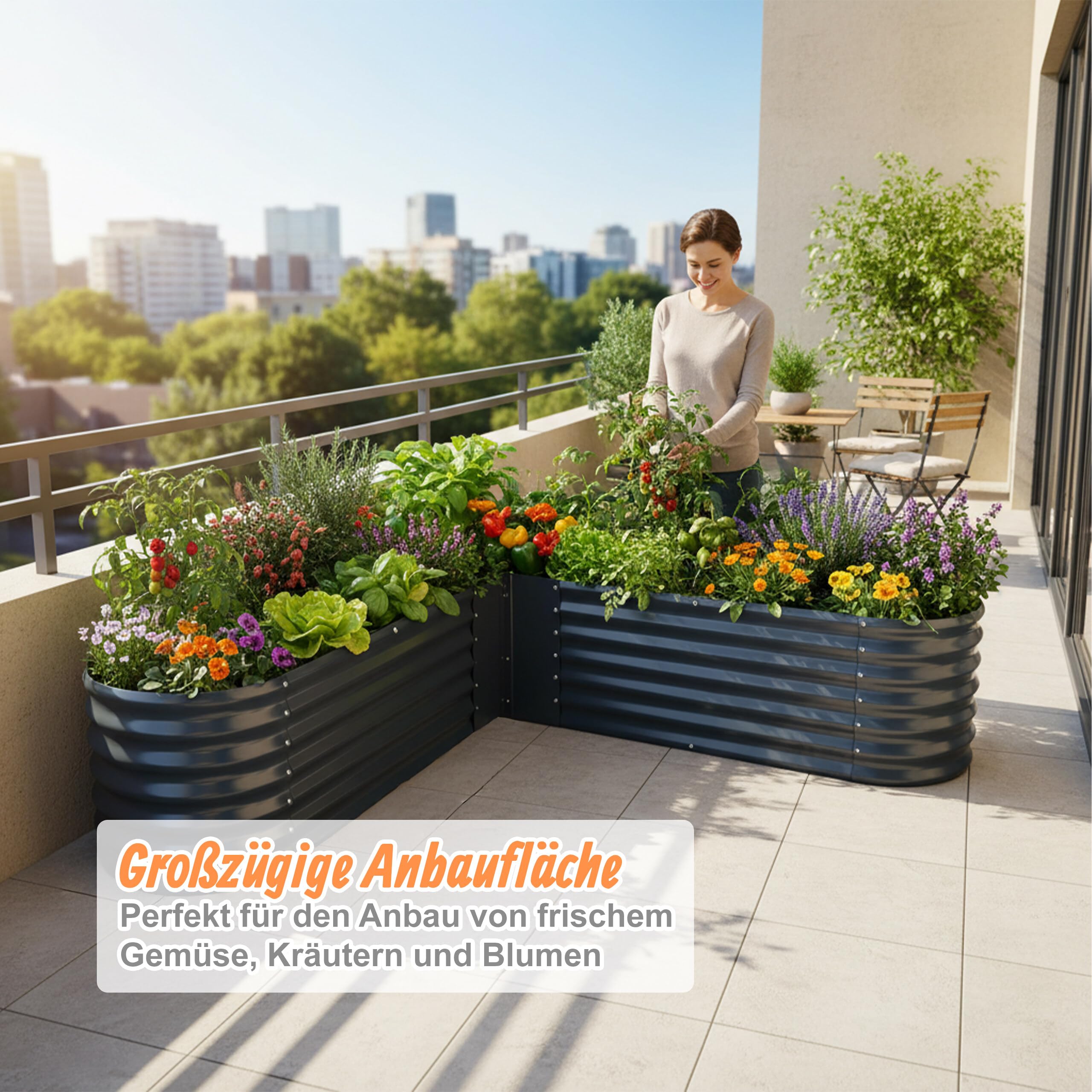 Relaxdays Hochbeet, L-Form, verzinktes Metall, HBT: 43 x 203 x 203 cm, Gartenbeet für Gemüse, Kräuter, Blumen, anthrazit