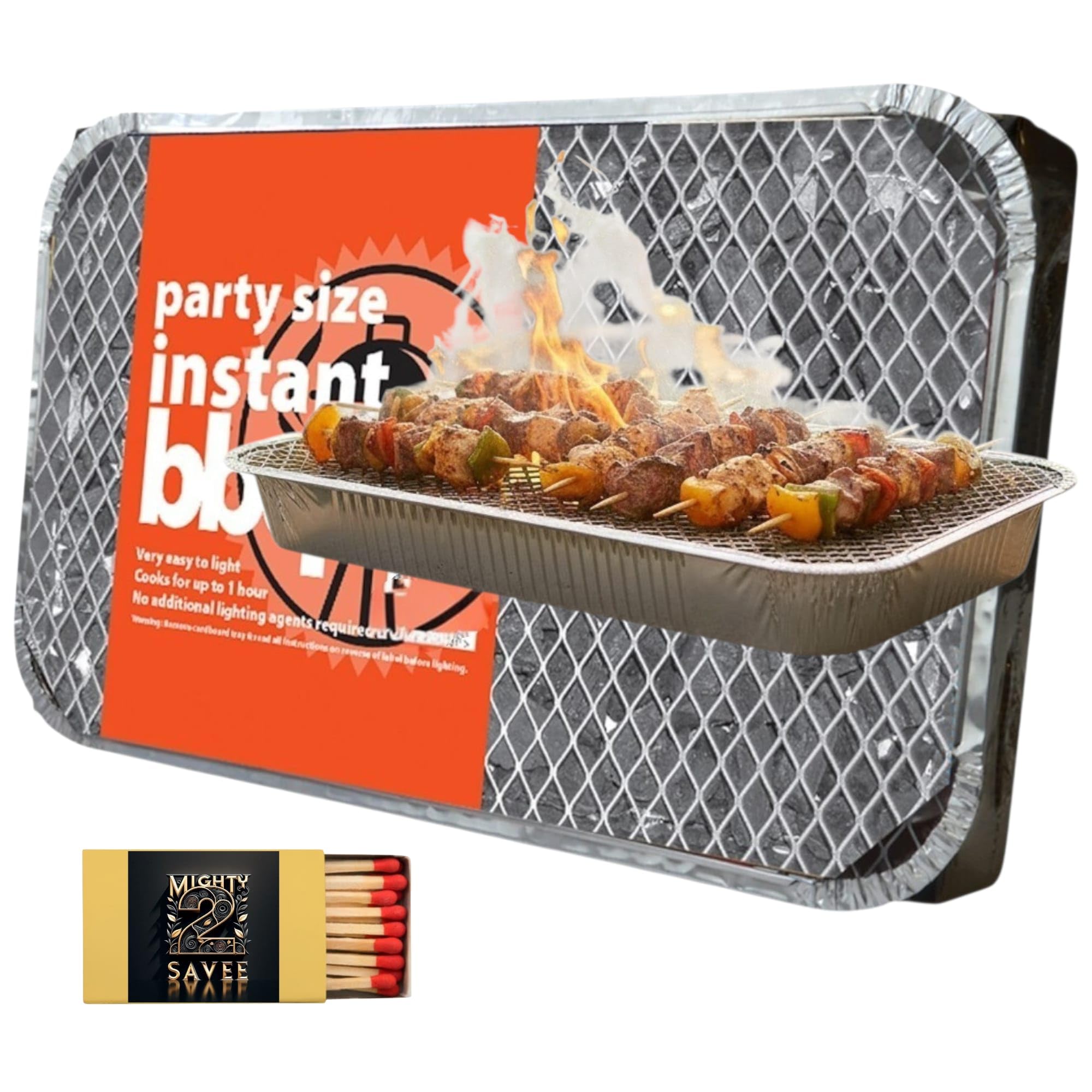 Extra Large(XL) Disposable Instant All In One Barbecue (BBQ) Tray | Perfect For Outdoor Events, Garden BBQs, Picnics, Fishing And Camping | Quick Lighting | Comes with Mighty2save Safety Matches