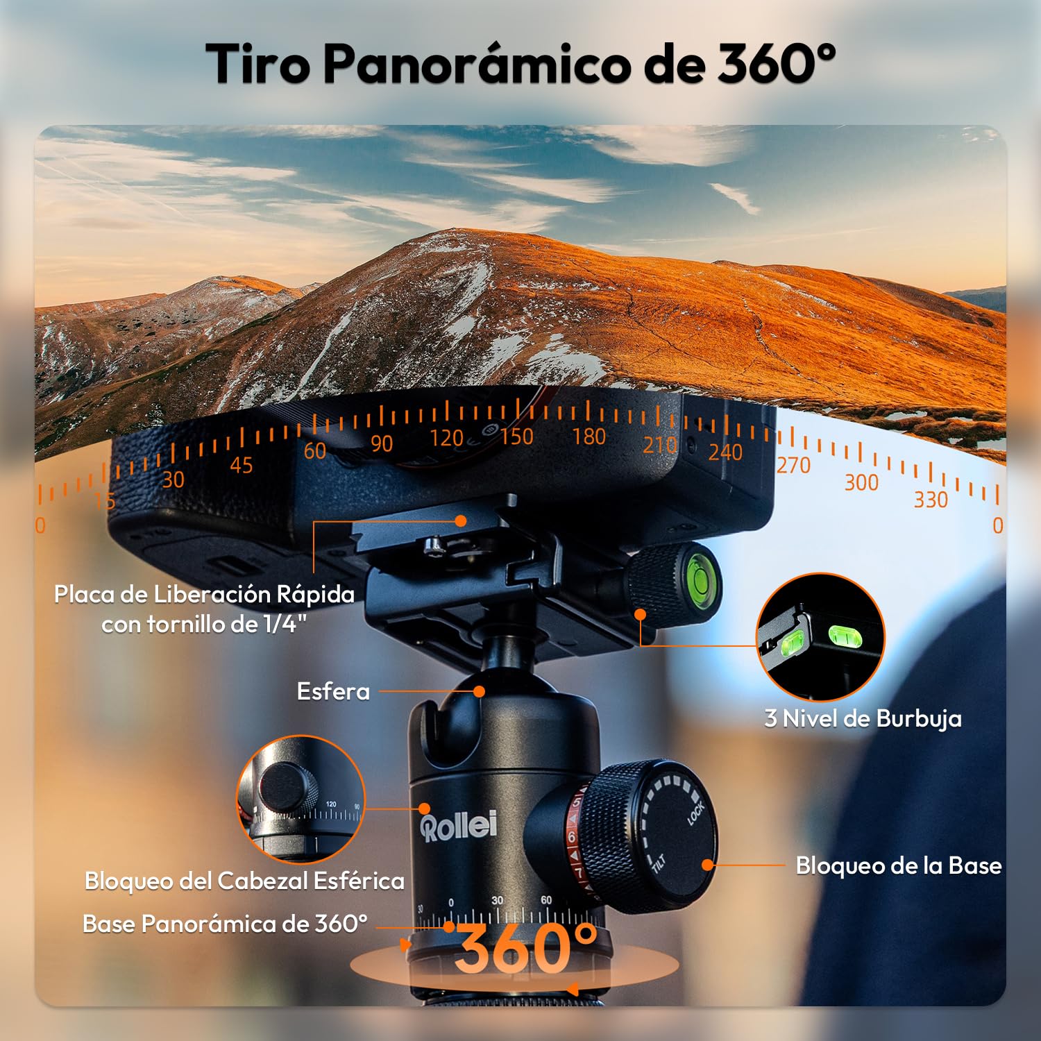 Rollei C5i Tripode Camara Nergo 158cm Trípode Cámara de Viaje en Aluminio | Tripod Ligero con Función Monopié Carga 8kg con Soporte para Movil y Cabezal Esférico 360° Tripode para DSLR y Smartphone
