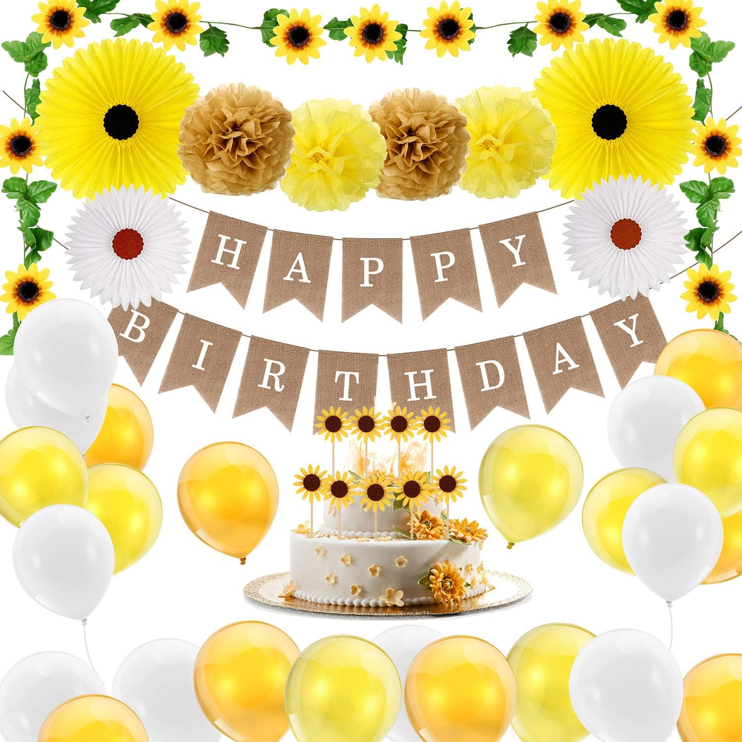 34 Pieces Sunflower Birthday Party Decorations Set Include 1 Sunflower Happy Birthday Banner, 1 Artificial Sunflower Garland, 9 Sunflower Cupcake Toppers, 4 Tissue Paper Fans, 4 Pom Poms, 15 Balloons