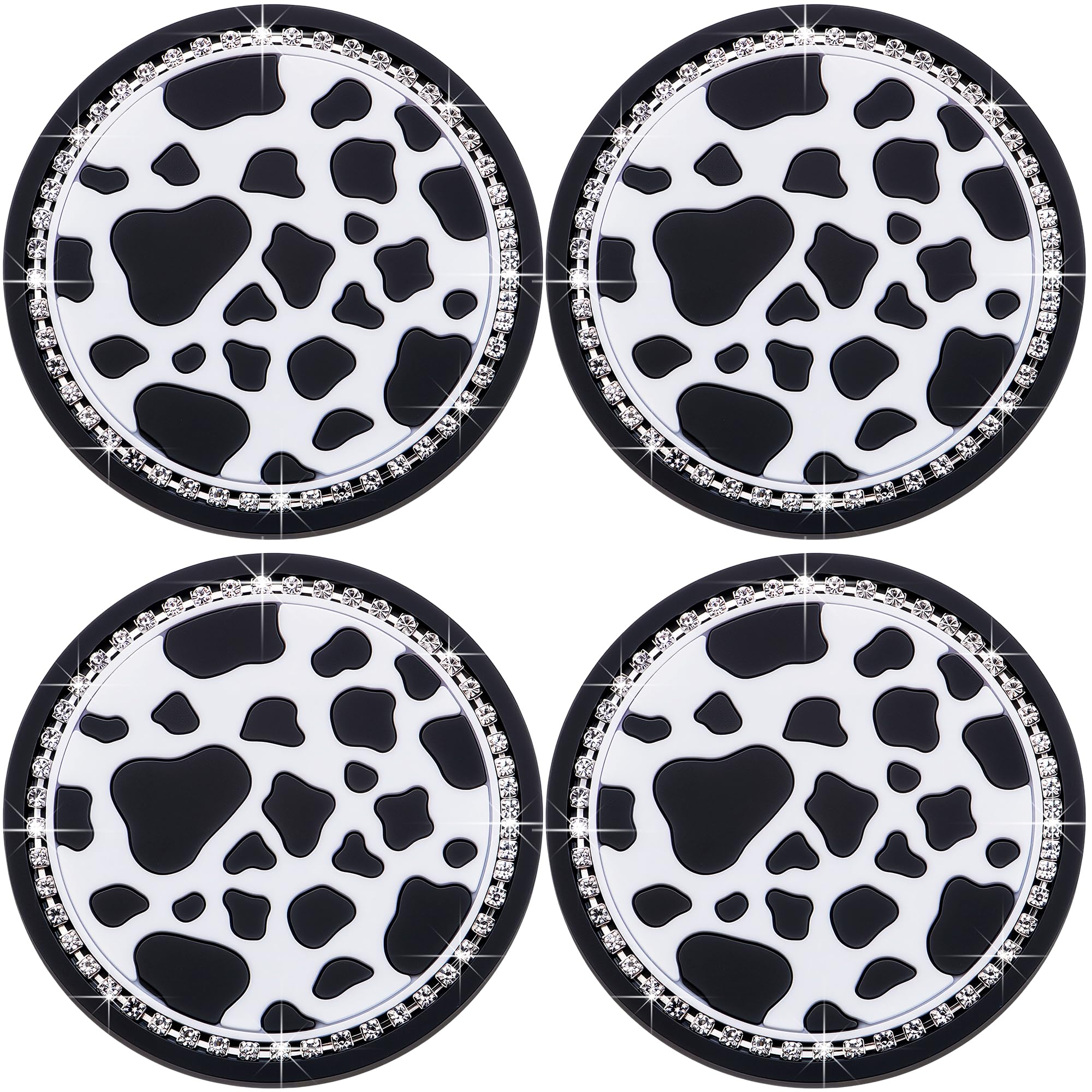 4PCS Bling Silicone Cup Holder Coaster – 2.75 Inch Universal Fit, Anti-Slip &amp; Shockproof, Cute Car Accessories for Girls (Cow Print)