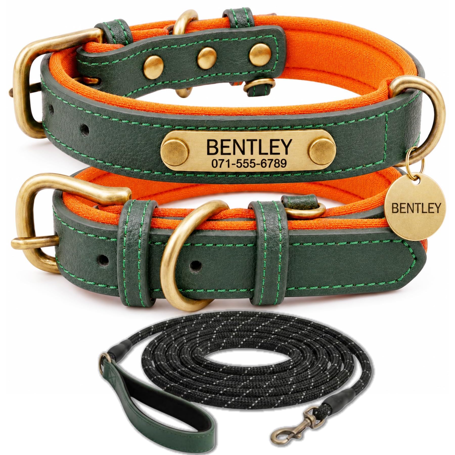 Personalised Leather Dog Collar and Lead Set with Engraved Name ID Plate, Adjustable Comfort Design for Small Medium and Large Dogs, Custom Dog Walking Collar Set — image 1