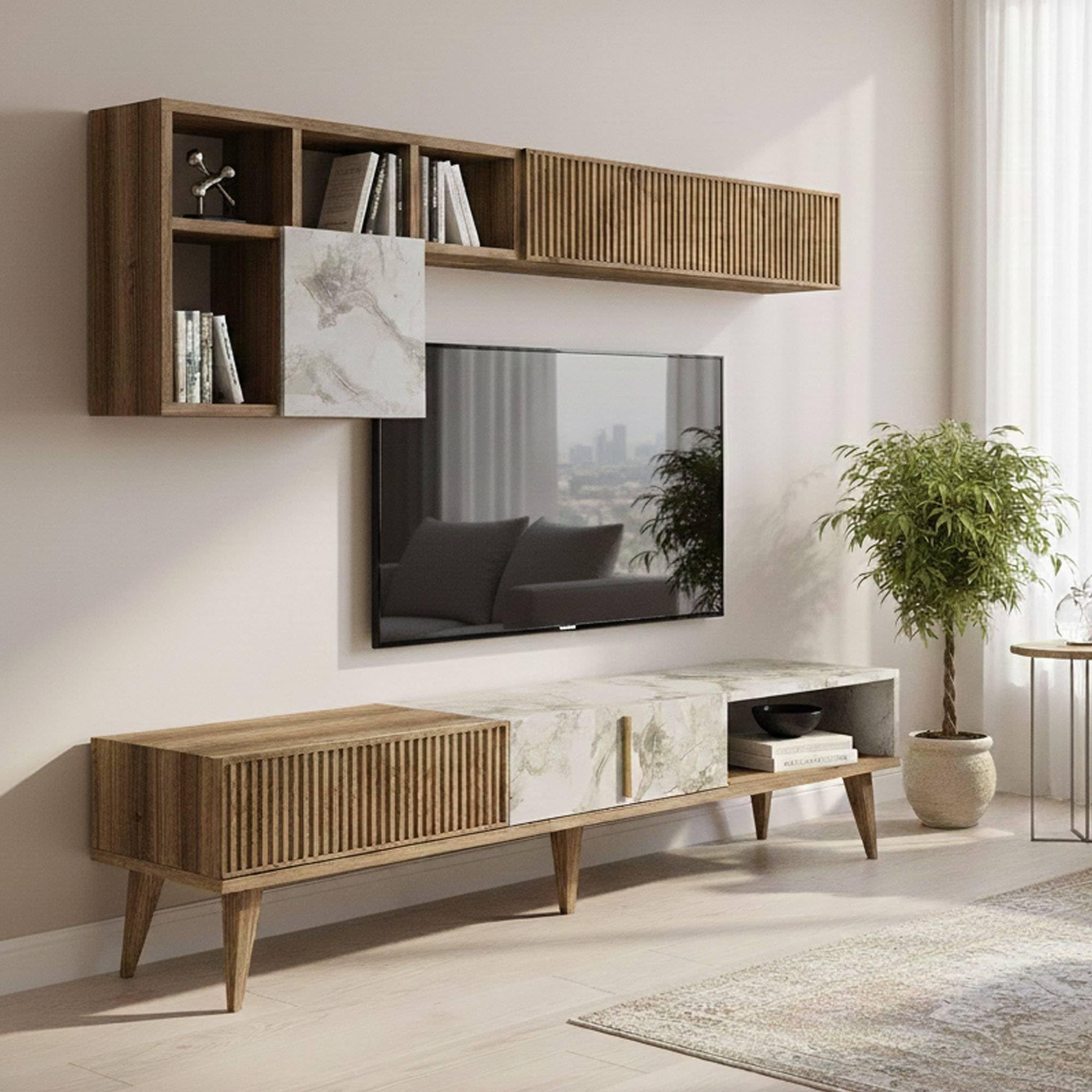 Dmora Parete attrezzata Gemini, Composizione Soggiorno, Mobile Salotto Multiuso, Armadio Porta TV, 180x35h40 cm, Noce e Bianco Marmo