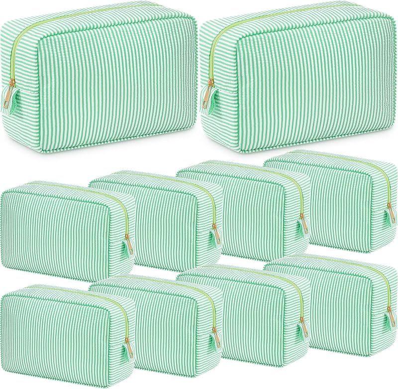 Sanwuta Necessaire de Maquiagem em Seersucker Verde com Zíper, Listrada, Pacote com 10