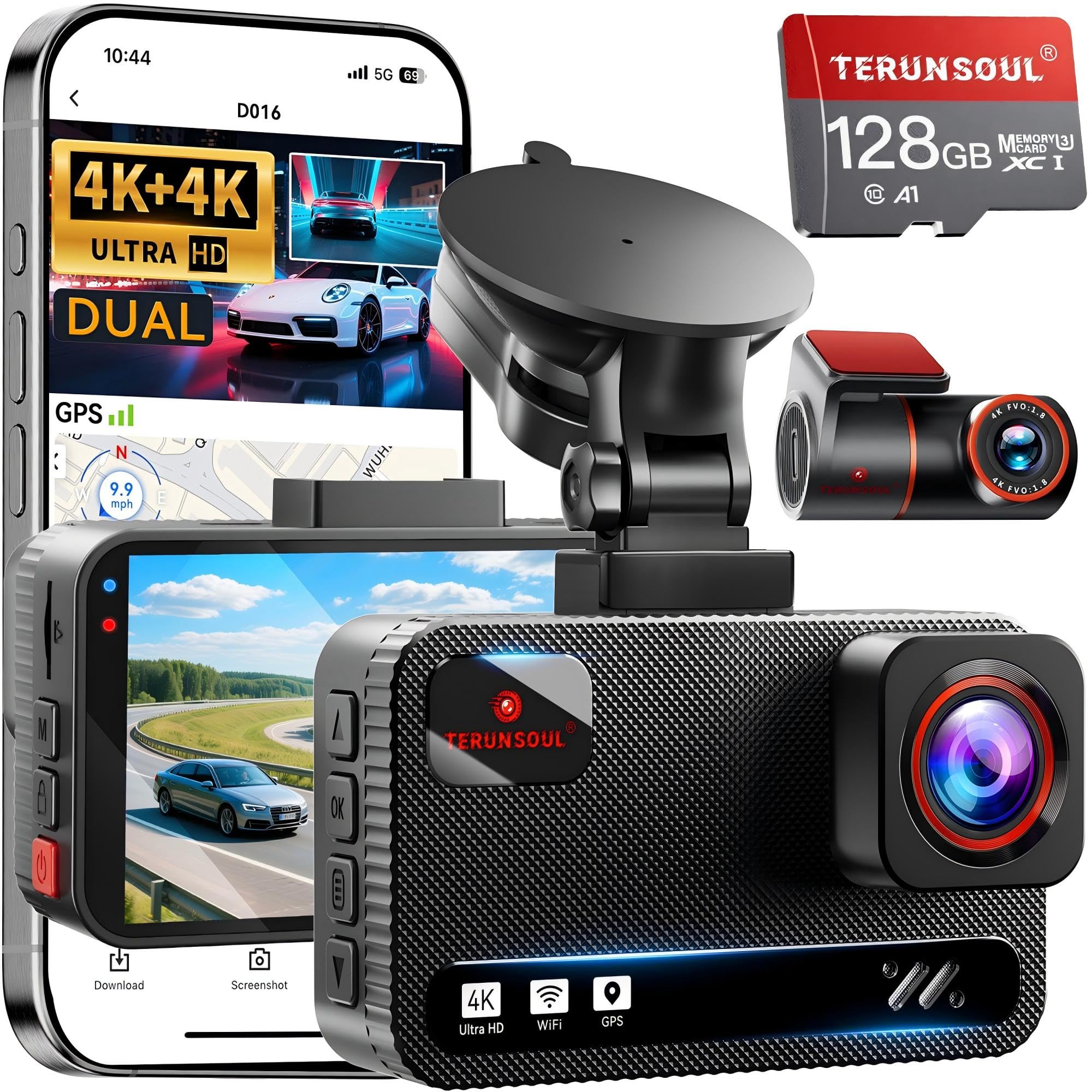 Dashcam per auto 4K + 4K, dash cam anteriore posteriore con | scheda da 128 GB, GPS, WiFi 5,8 GHz, IPS da 3", monitoraggio del parcheggio, registrazione in loop, visione notturna