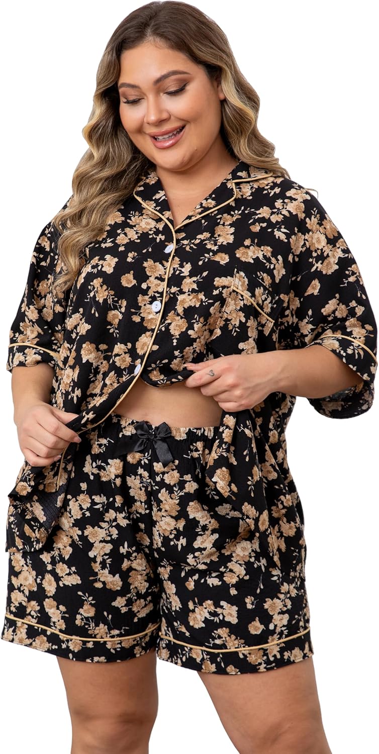 Vozanet Women Pajama Shorts Sets Button Down Lounge Sets Plus Size Summer Sleepwear Texture Printed Cute 2pcs Nighty