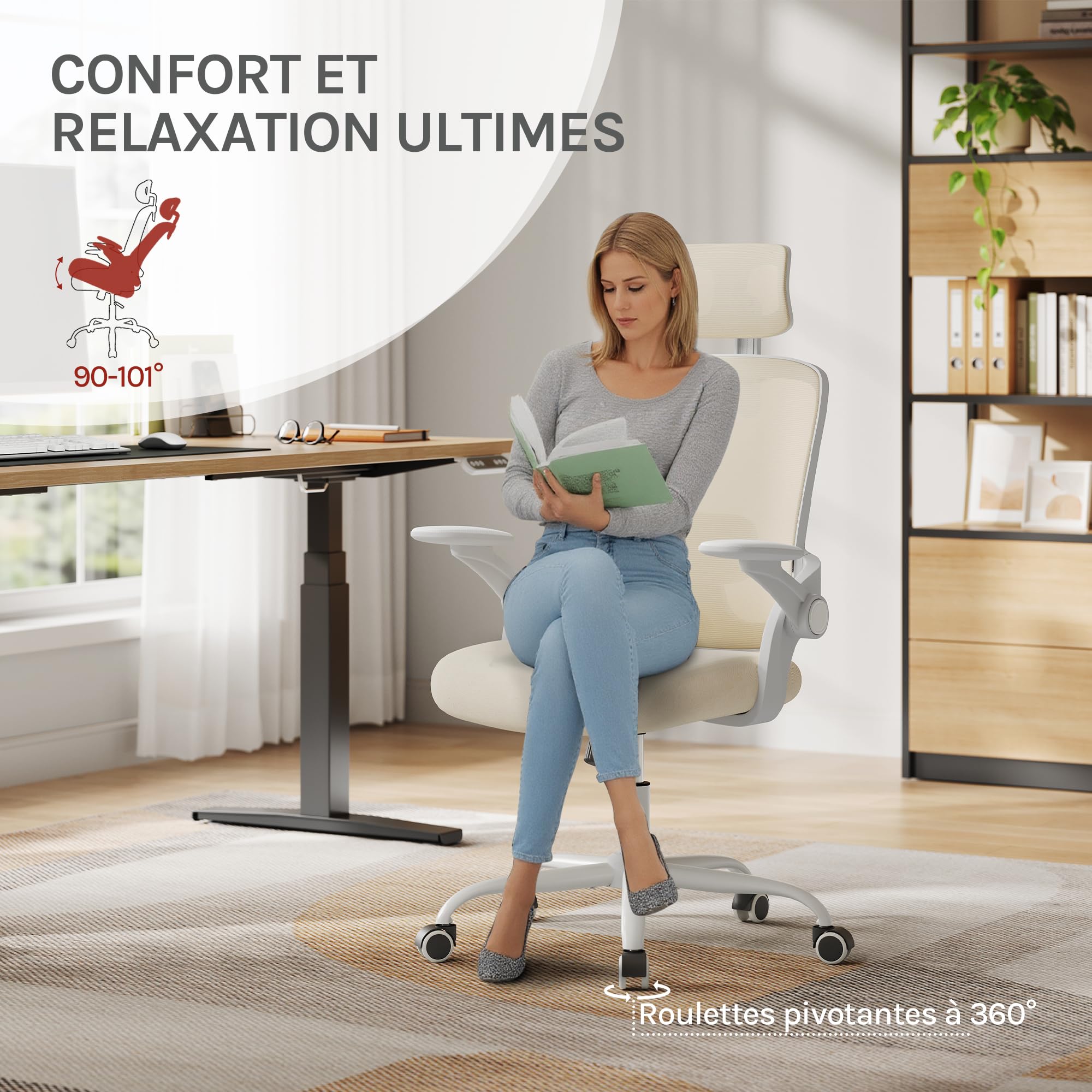 WOLTU Chaise de Bureau Ergonomique, Fauteuil de Bureau en Maille, Beige | Appui-tête et Accoudoirs Réglables, avec Support Lombaire, Dossier Inclinable