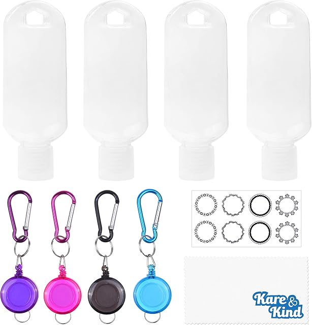 Kare & Kind Clear Portable Travel Bottles - 4x Empty Containers, 4x Carabiner/Retractable Lanyard, 1x Sticker Label Sheets - up to 50 ML -For Hand Sanitizers, Rubbing Alcohol, Liquids, Toiletries