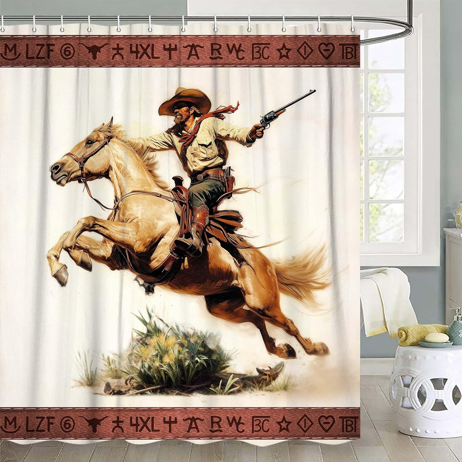 JAWO Western Shower Curtain Set Cowboy with Gun on Horse Retro Vintage Southwestern Themed Bathroom Decoration, Fabric Waterproof Cloth Curtains