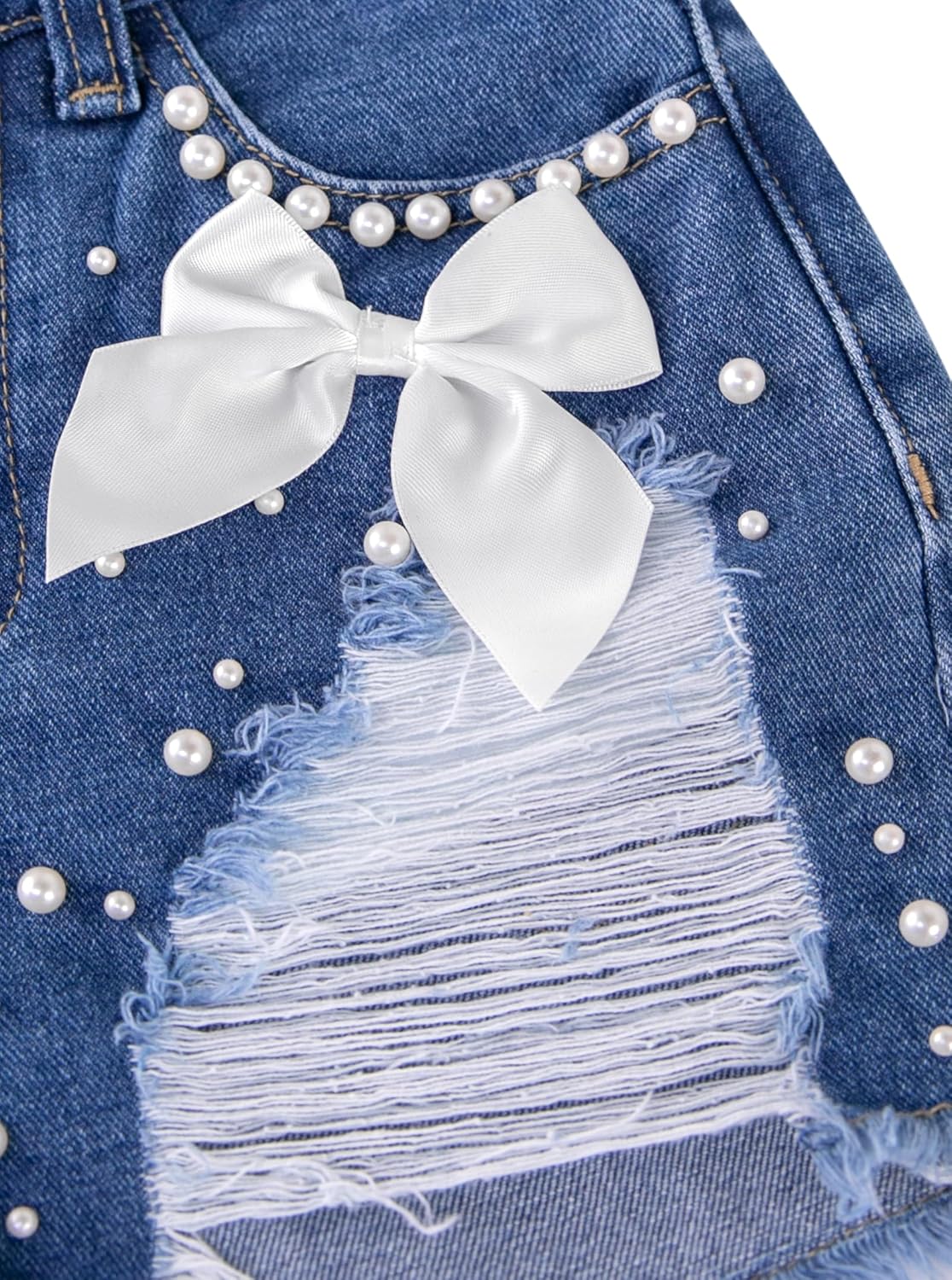 Girls Jean Shorts Pearl Bownot Ripped Distressed Cute Straight Leg Denim Shorts