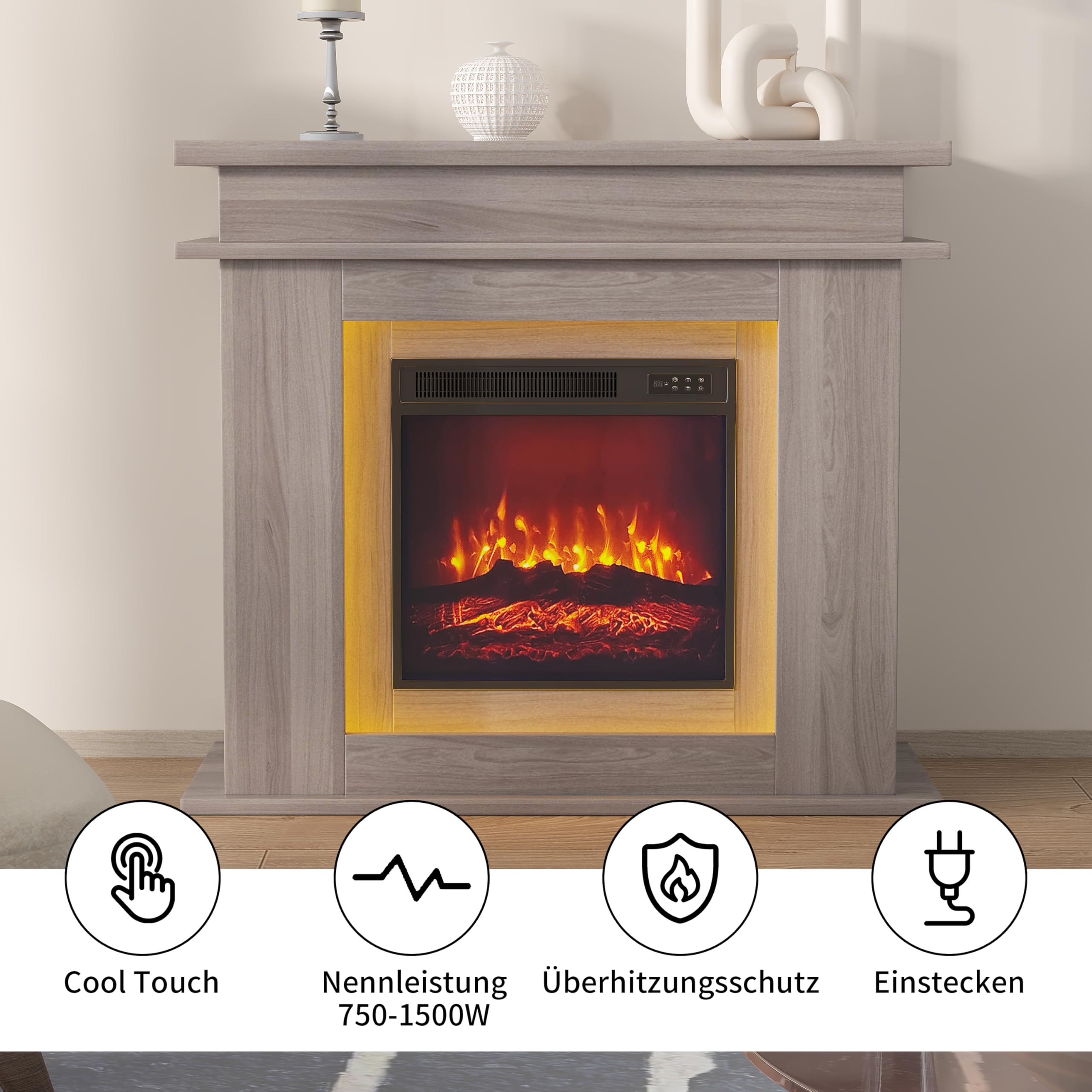 Camino elettrico da 40 cm con effetto LED 3D, effetto fiamma realistico con riscaldamento reagl, timer, striscia LED in 20 colori, telecomando (rovere)