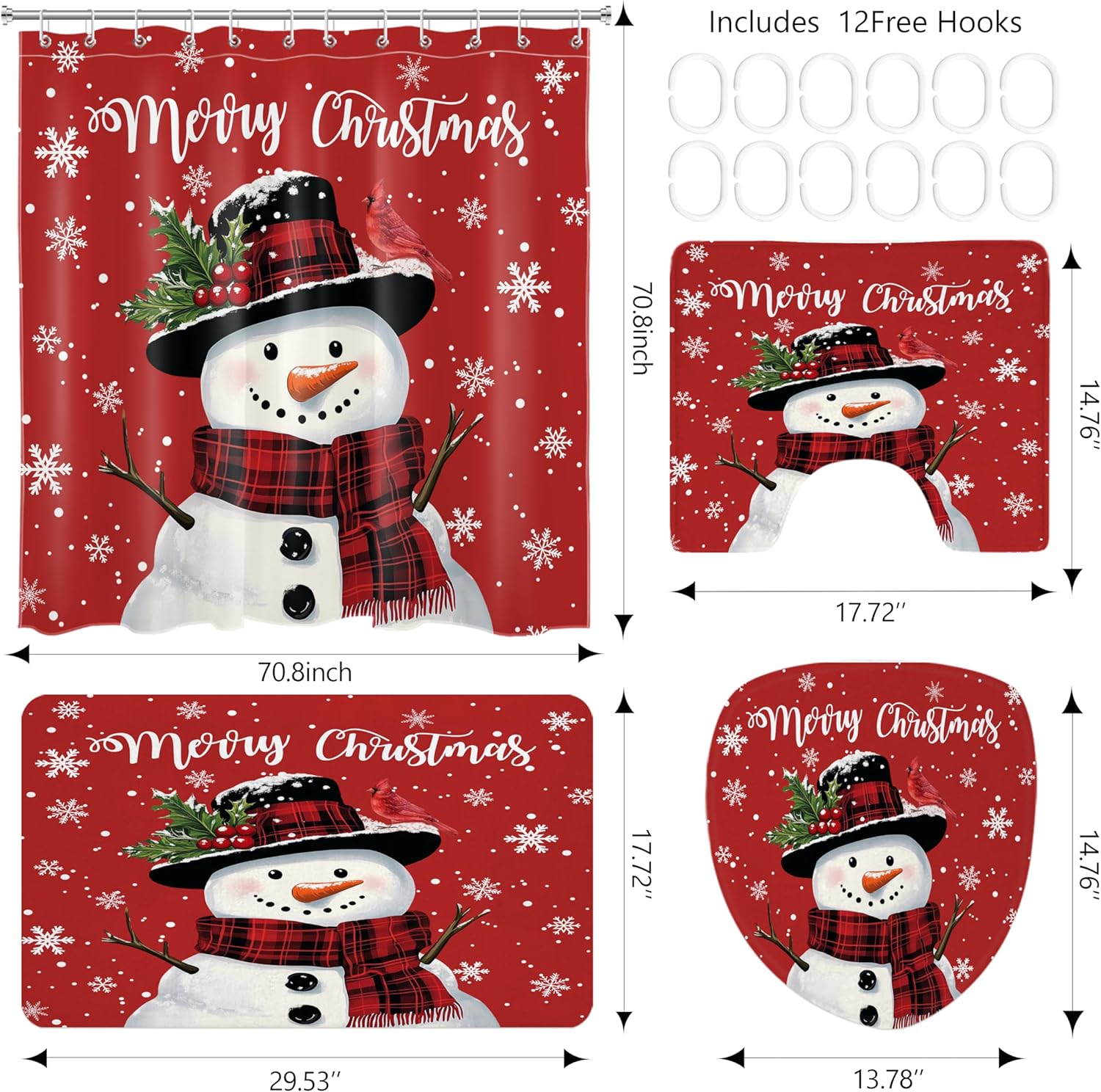 4 Pcs Red Christmas Snowman Shower Curtain Bathroom Set Winter White Snowflake on Red Shower Curtain and Bathroom Rugs Toilet Seat Bath Mat Xmas Holiday Decor, 72X72 inch