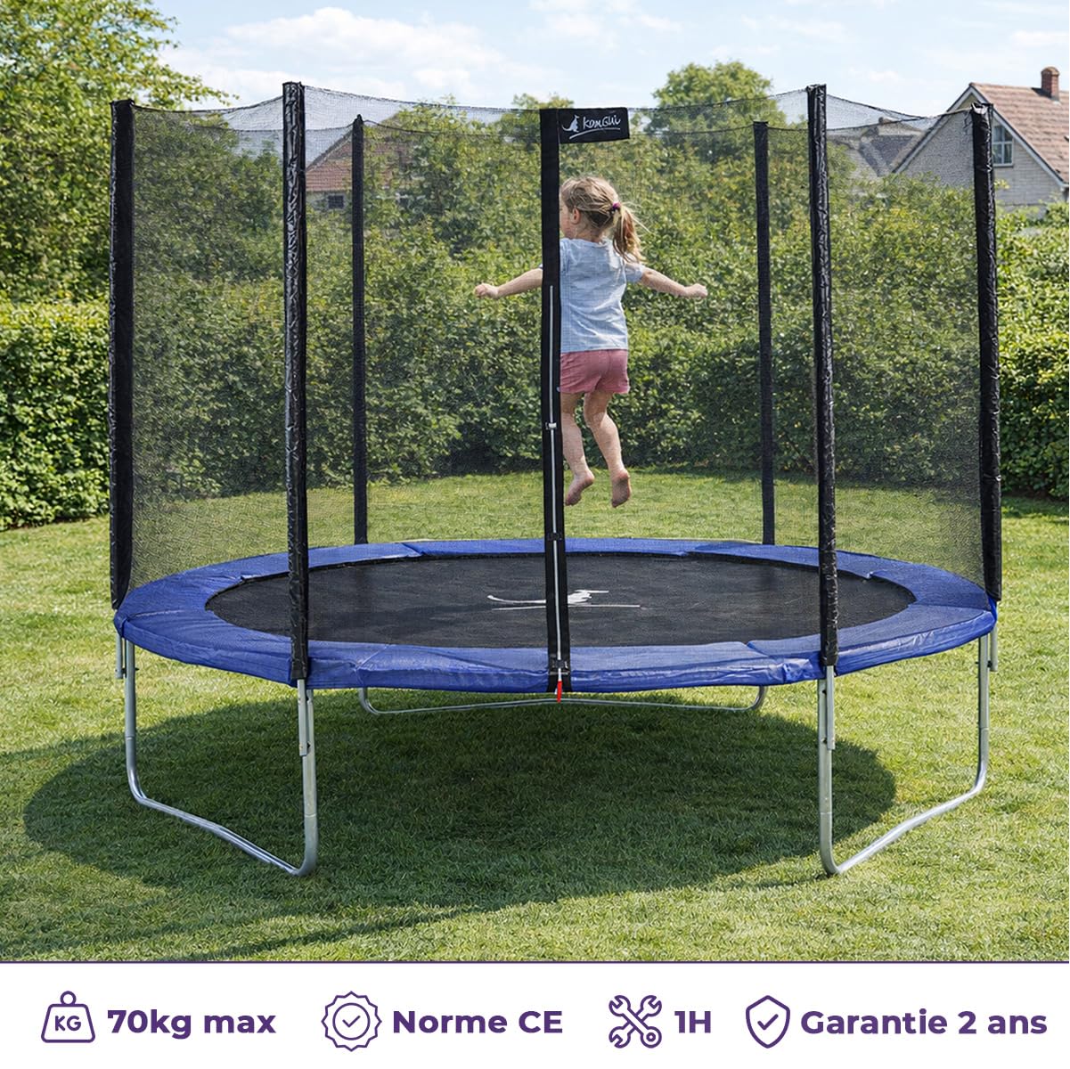 KANGUI Trampoline Enfant extérieur avec Filet de sécurité + échelle, Couverture de propreté et kit d’ancrage – Jardin – Ø250 Ø300 Ø360 Ø430 cm – Bleu