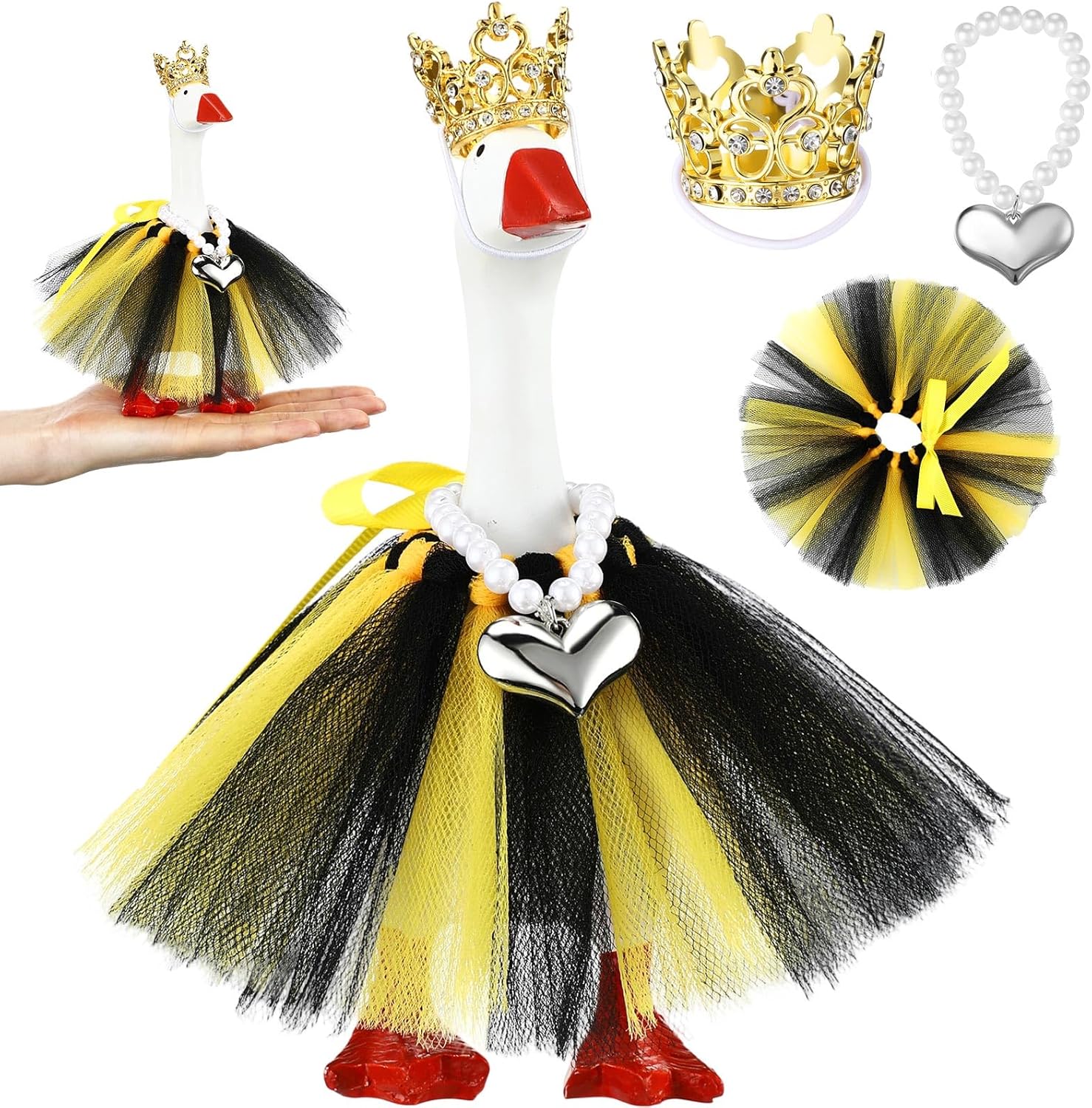 3 Pcs 7 Inch Spring Mini Desk Goose Outfits with Crystal Rhinestone Tiara Crown Necklace Tutu Dress Magnetic Goose Key Holder Princess Customs for Statue Duck Key Holder (Gold,Classic)