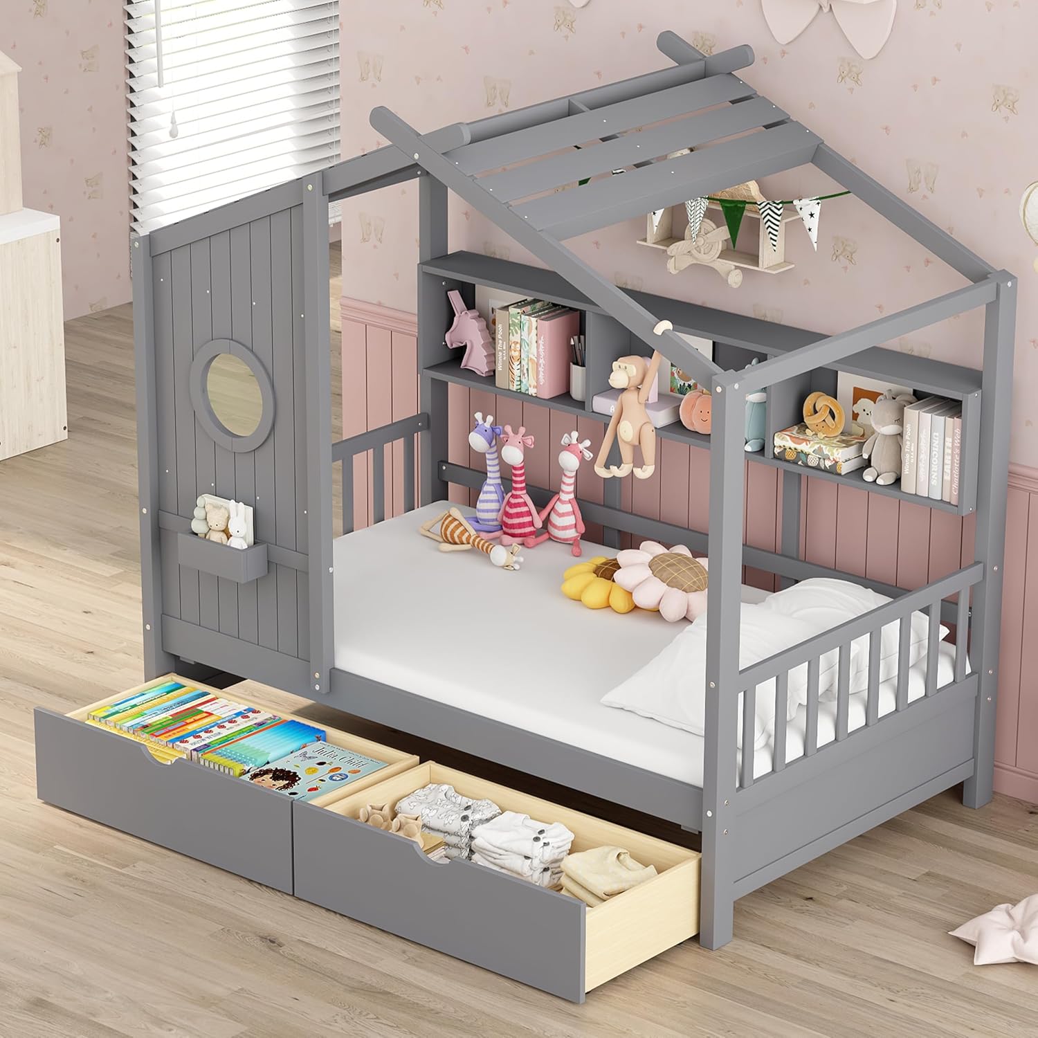 Twin Size House Beds with 2 Drawer and Storage Shelf, Modern Wooden Playhouse Bed for Boy Girl, Low Profile Floor Platform Bed-Frame w/Roof&Window,Grey