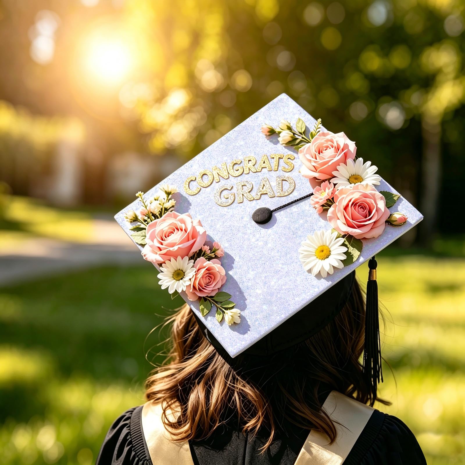6 Sheets Graduation Cap Decoration Blank Grad Cap Topper Self-Adhesive Glitter Grad Hat Topper Cover Decor for 2026 DIY Graduation Cap Decoration, White — view 6