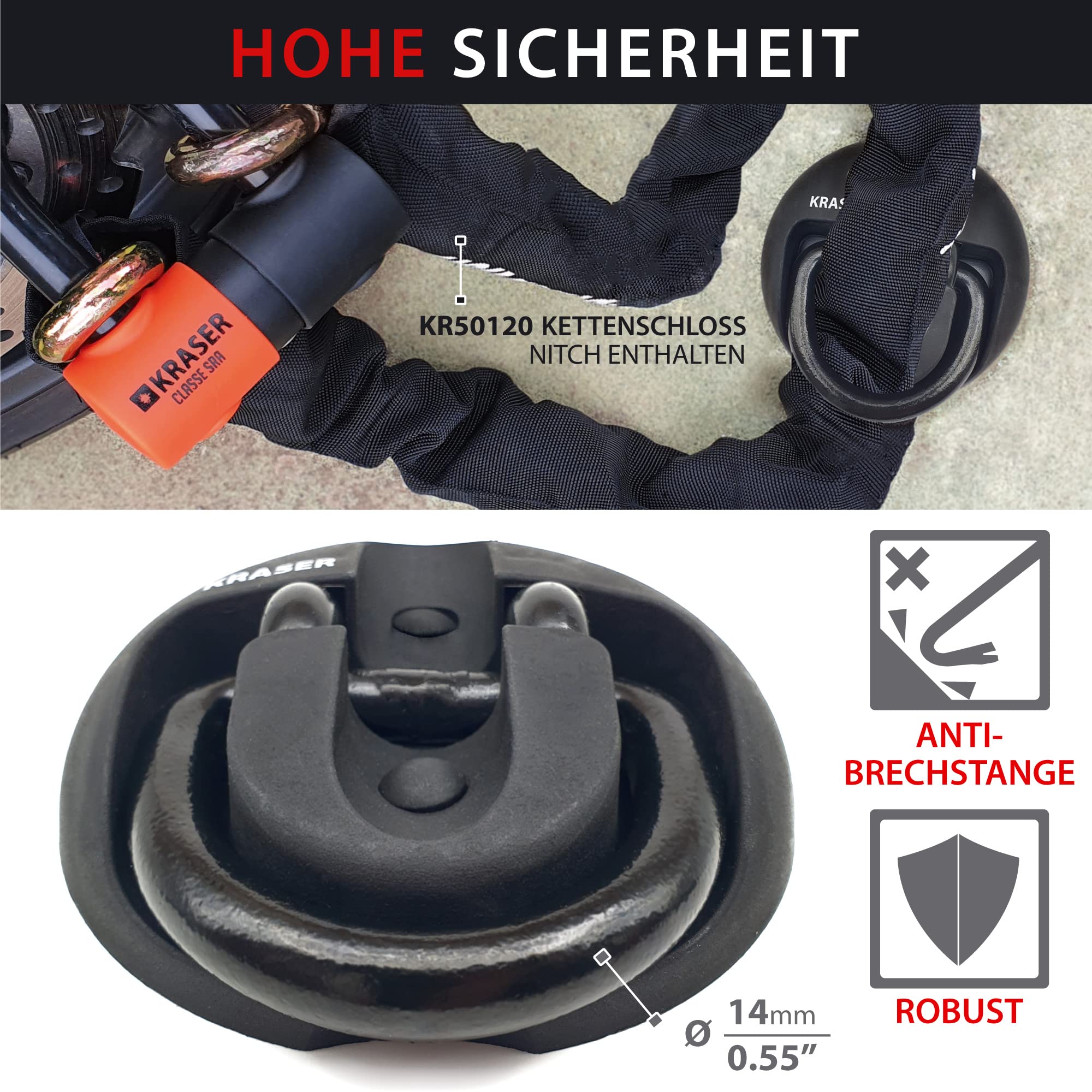 KRASER KR804 Hochsicherheits- Bodenanker Wandanker mit höchster Sicherheitsstufe 10 von 10 - Anker für Motorrad Moped & Fahrrad mit 14mm Bügel aus gehärtetem Spezialstahl Befestigungsanker Wand Boden