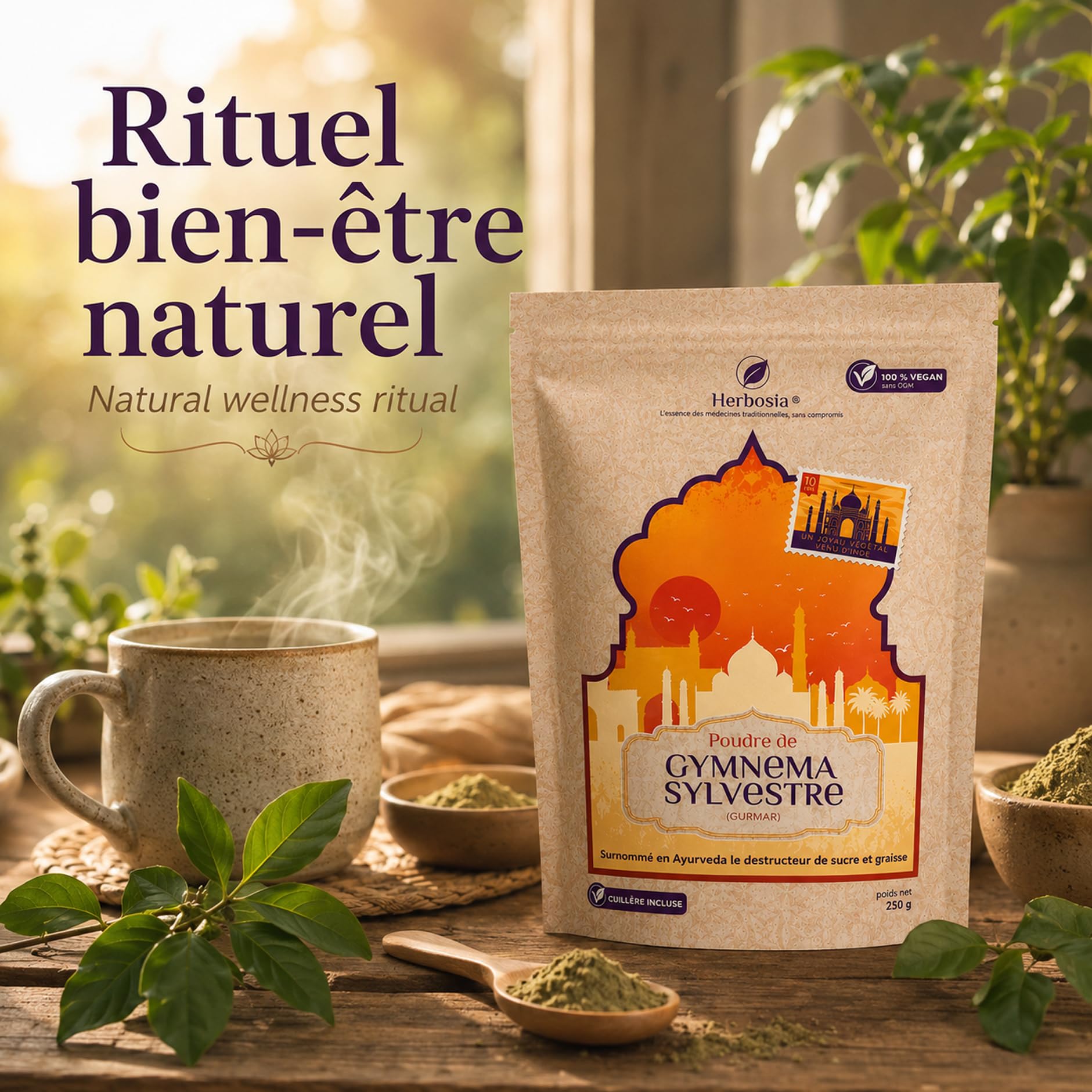 Poudre de Gymnema Sylvestre 250 g – Feuilles en Poudre Fine – Plante Traditionnelle d'Inde (Gurmar) – 100% Végétal sans OGM – Sachet Refermable avec Cuillère Doseuse
