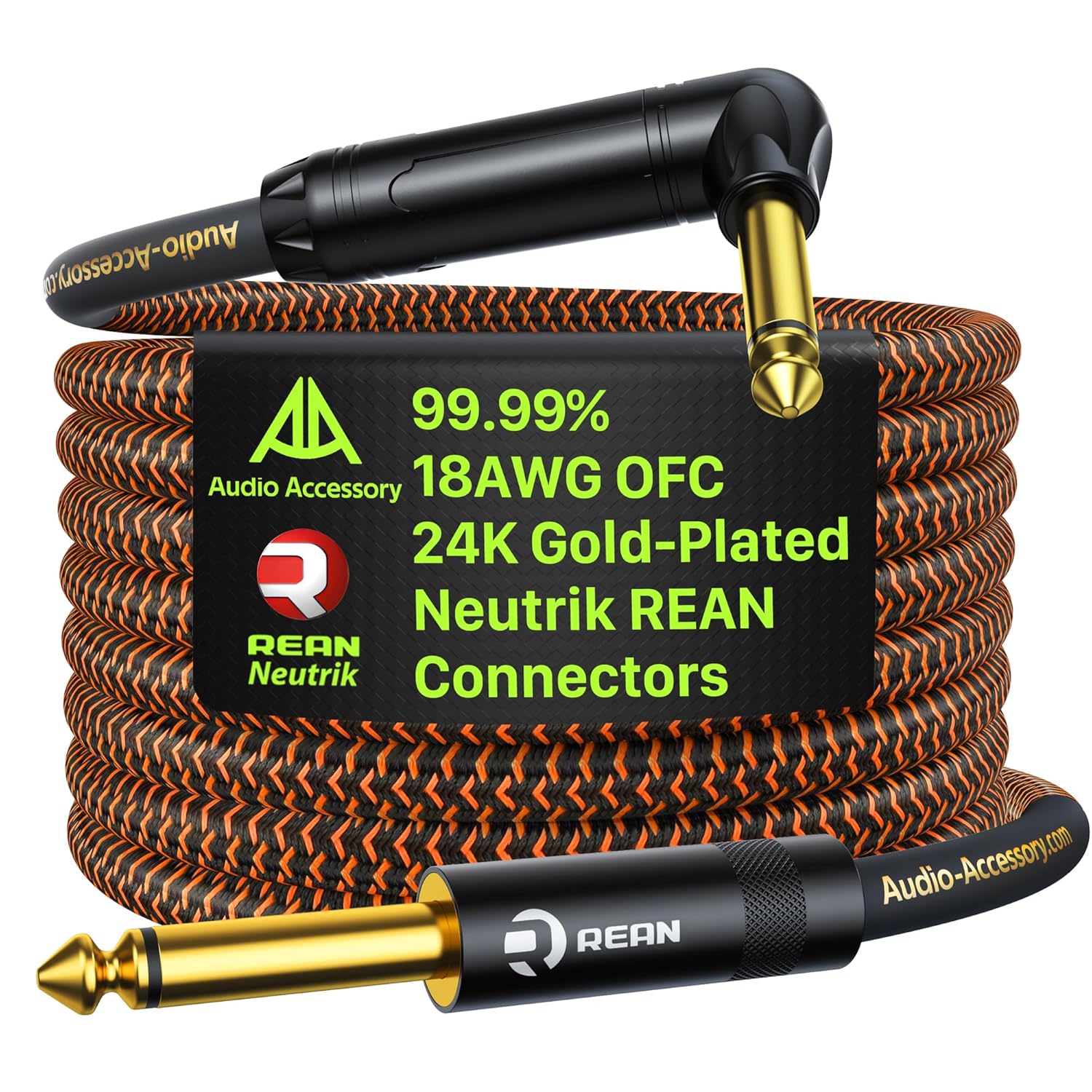 Pro Bass Guitar Cable 50 ft, Gold-Plated Neutrik REAN Connector, 18 AWG OFC, Braided 1/4 Inch Instrument Cable for Fender Electric Bass Guitar Combo Amp Rumble Marshall, Right Angle, Neon Orange/Black