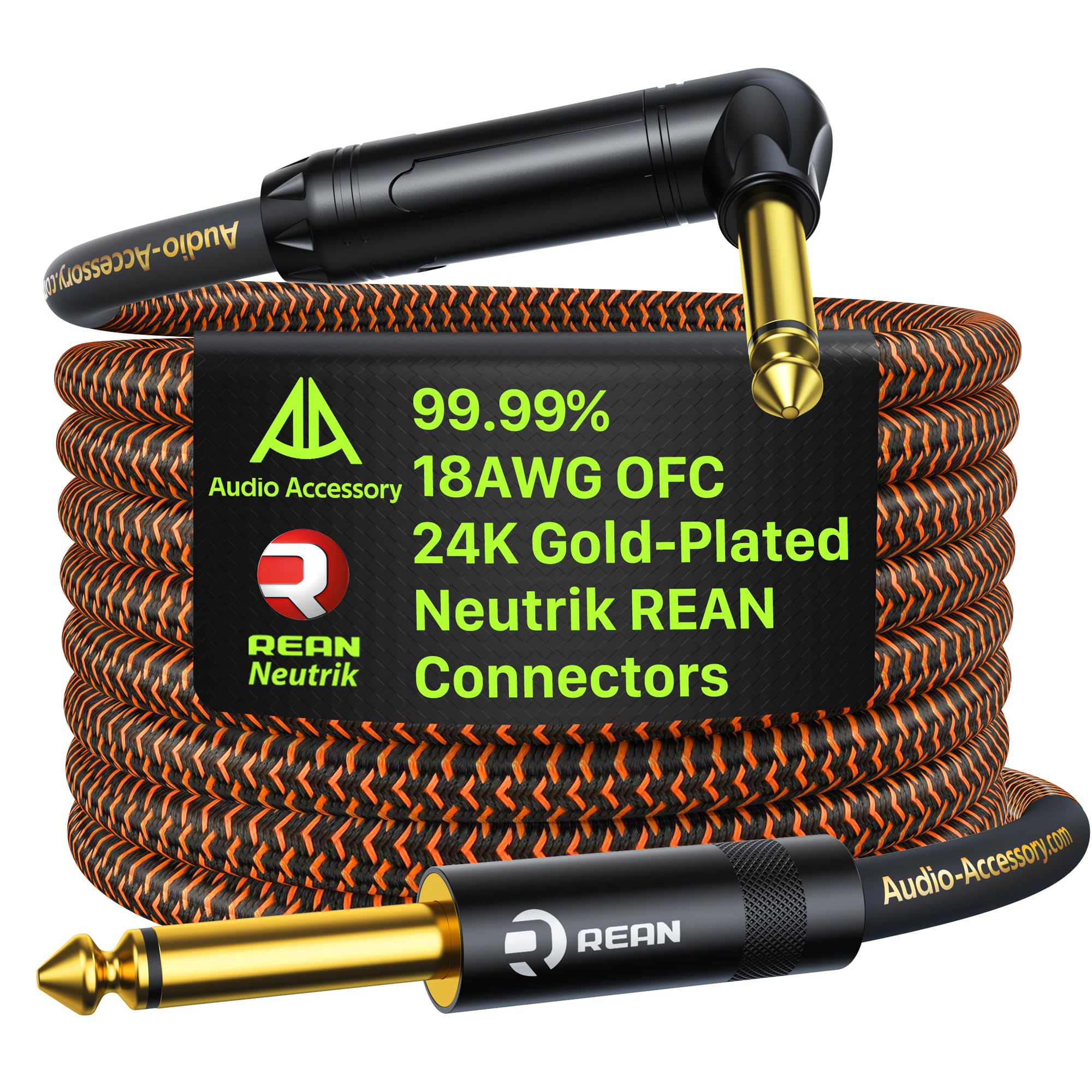 AA AUDIO ACCESSORY Câble de guitare Pro Series 3 m, connecteur Neutrik REAN plaqué or, 18 AWG 99,99 % OFC, câble d'instrument en nylon tressé droit vers angle droit de 6,35 mm pour Fender Ernie Ball
