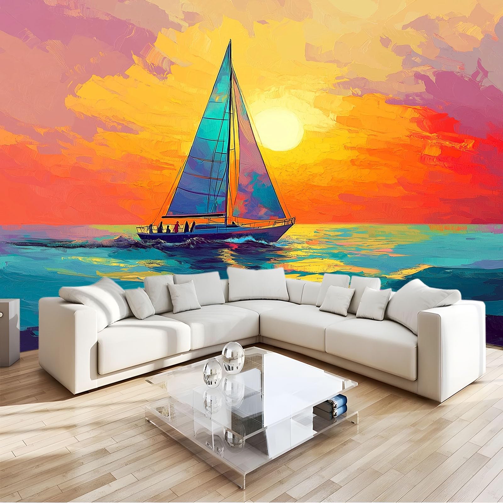 Papier peint peinture a l'huile voilier coucher de soleil 3D grand format pour chambre enfant