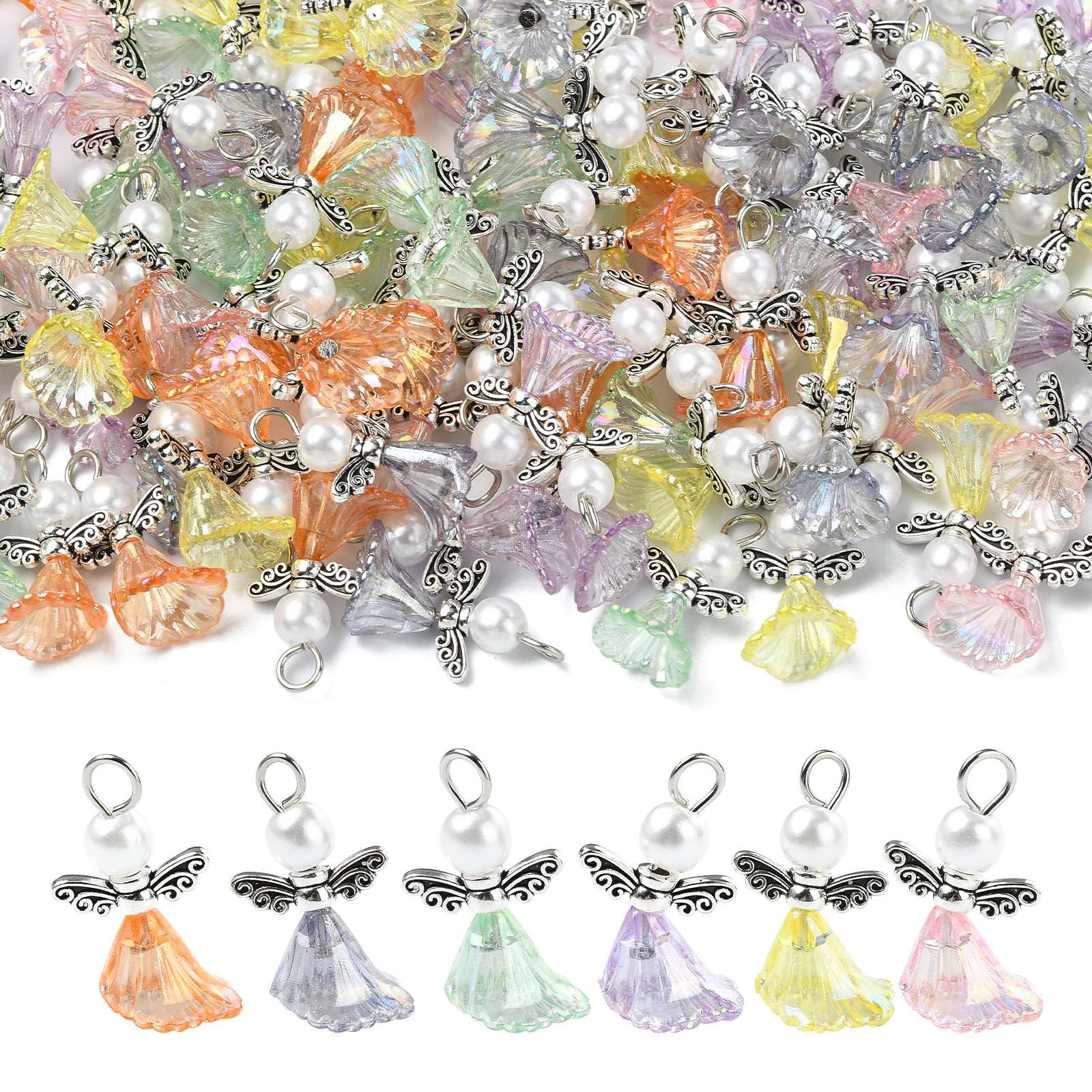 Stiesy 120Pcs 6 Colours Angel Wing Charms Acrylic Long Skirt Fairy Pendant Charm with Tibetan Wing Trumpet Flower Craft Beads Charms for Jewellery Bracelet Making Crafts DIY Necklace Decor Presents