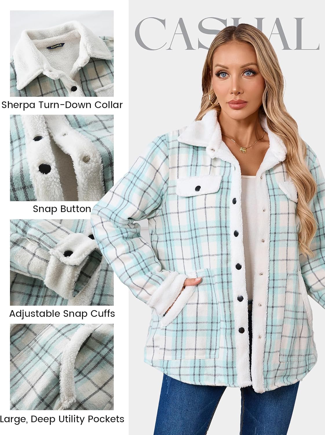 Women's Sherpa Lined Jackets Sherpa Turn-Down Collar Warm Winter Fleece Flannel Jacket for Women Trendy - Image 5