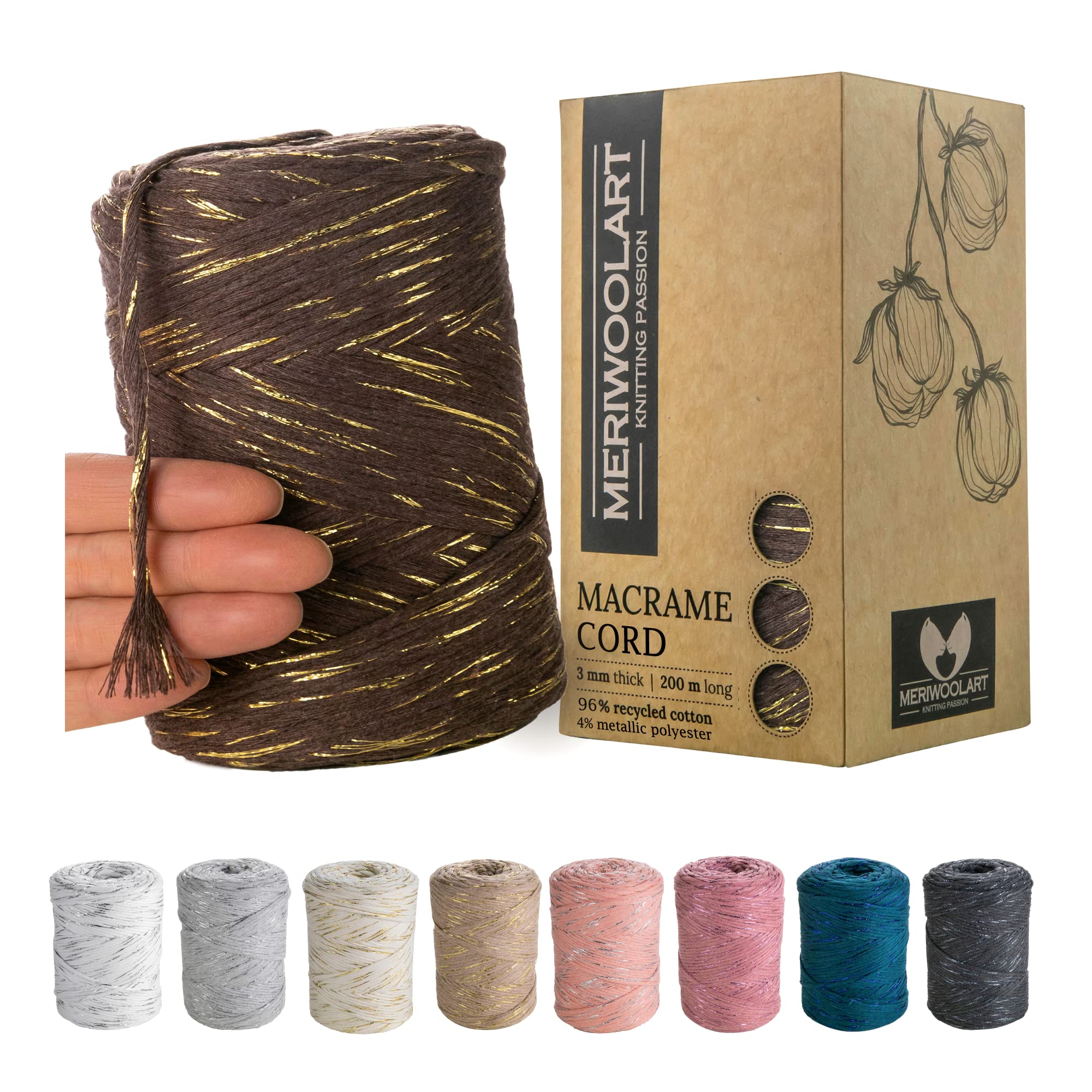 MeriWoolArt® Macrame Yarn Brown - Super Soft Recycled Cotton Yarn, 200m, 3mm, Single Twist, Oeko-Tex, DIY Boho Decorative