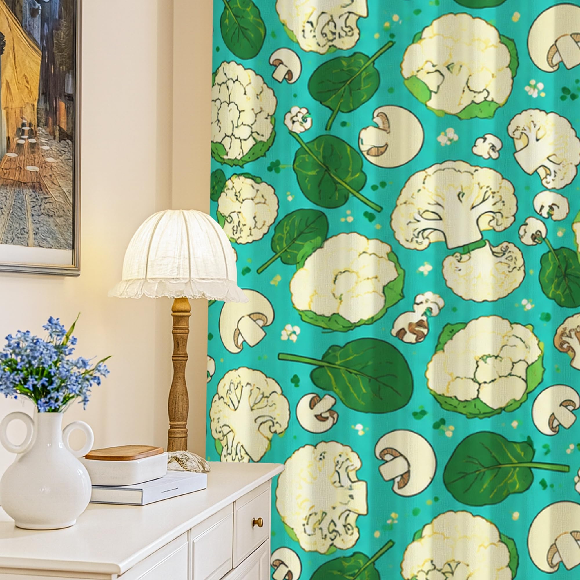 Rideaux occultants motif chou-fleur champignons feuilles turquoise