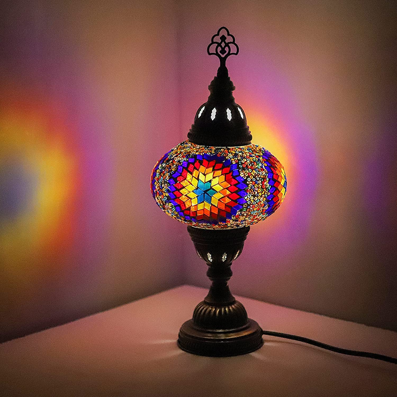 ENVA Turkish Moroccan Tiffany Style Handmade Mosaic Table Desk Bedside Night Lamp Light Lampshade with LED Bulb Large Globe (3018)