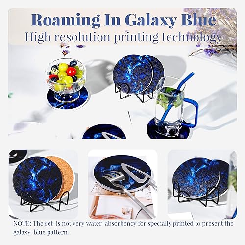 Miniatura 3 de Juego de 5 posavasos de cerámica absorbente con soporte, base de corcho, decoración estética fresca para mesa de café, escritorio de oficina, bar,