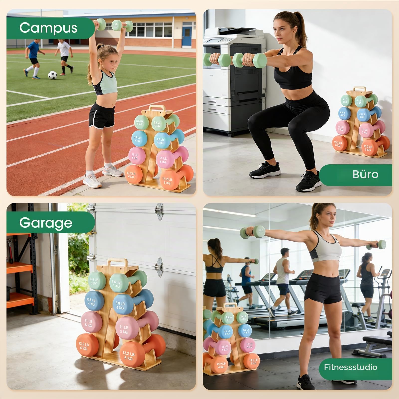 Holz-Hantelständer A-Rahmen–Gewichtsregal mit 4 Ebenen für 3–7 kg Hanteln, Platzsparender Trainingsständer mit Tragegriff & Anti-Rutsch-Füßen, Robustes Fitness-Organizer für Home Gym (Hanteln separat)