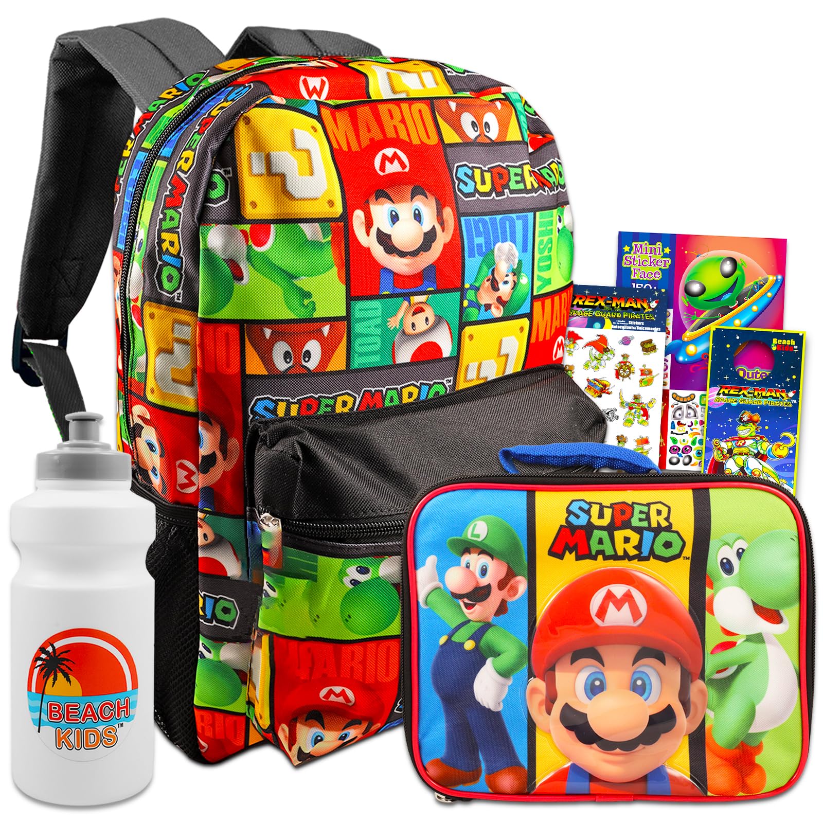 Super Mario Backpack and Lunch Box Set for Kids - Bundle With Lunch Bag, Stickers, Water Bottle, More | Mario Backpack for Boys 4-6