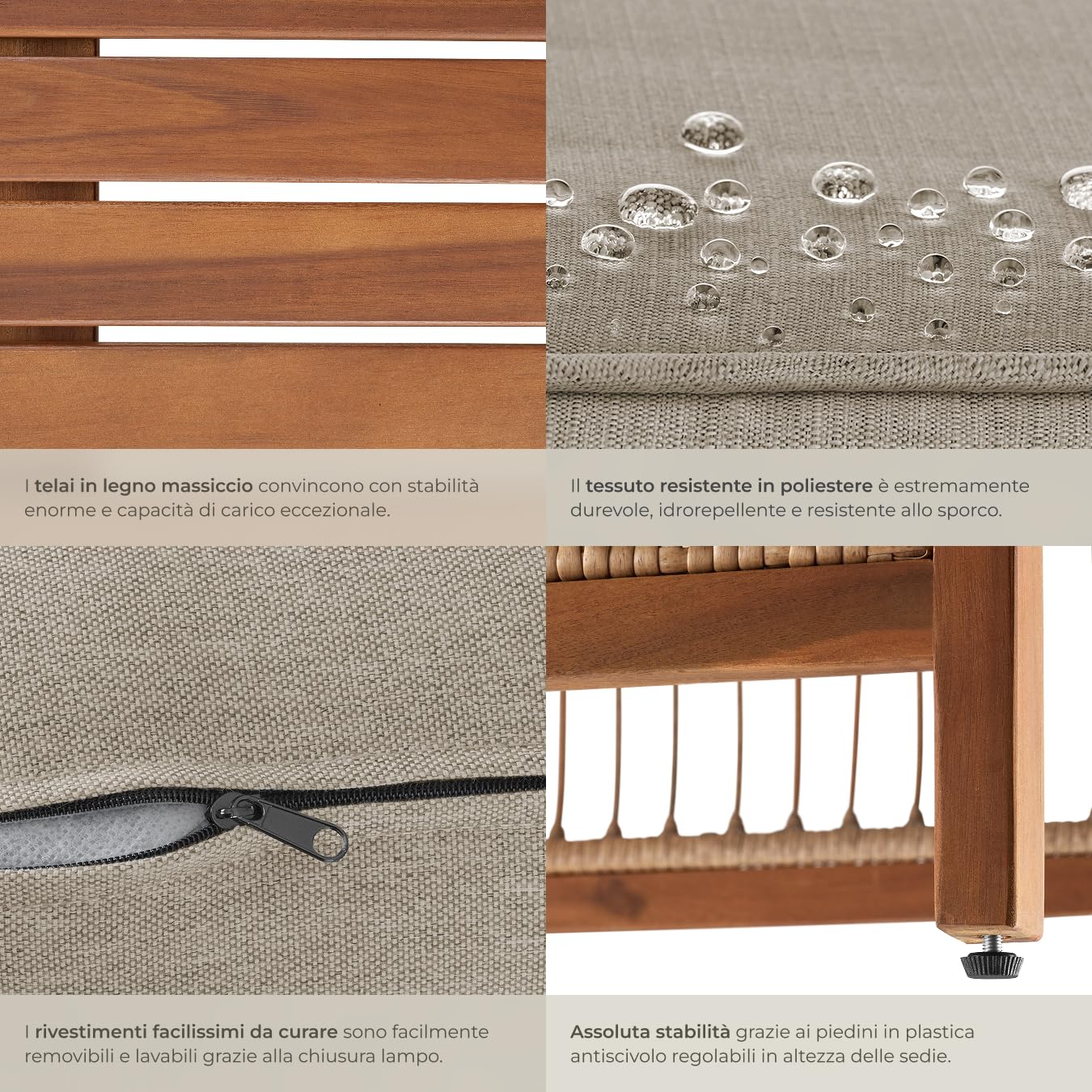tectake® Set salottino da esterno, 2 poltrona relax e tavolino da balcone in legno acacia, intreccio corda polyrattan, cuscini sfoderabili, arredo giardino moderno, salotto balcone Sedie da Giardino