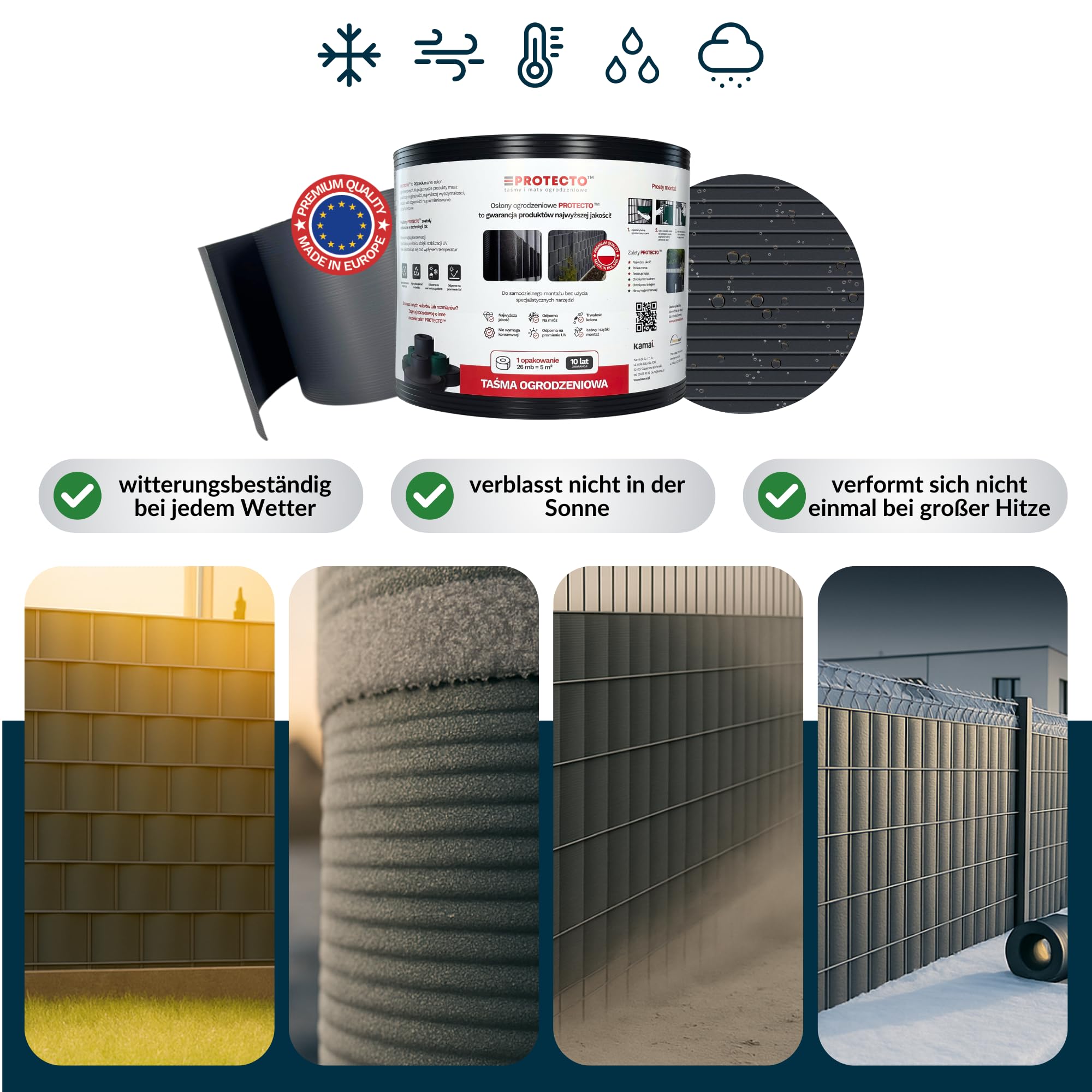 PROTECTO Classic PP Sichtschutzstreifen für Doppelstabmattenzaun, 26 m Rolle (ca. 5 m²), Anthrazit, Polypropylen Premiumqualität, für Garten & Balkon