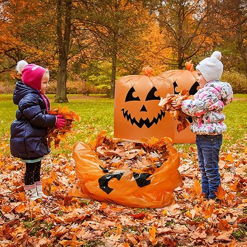 Miniatura 5 de 6 bolsas de calabaza de Halloween para césped, incluye 2 bolsas de 48 x 36 pulgadas de calabaza sonriente y 4 bolsas de basura de Halloween de 30 x