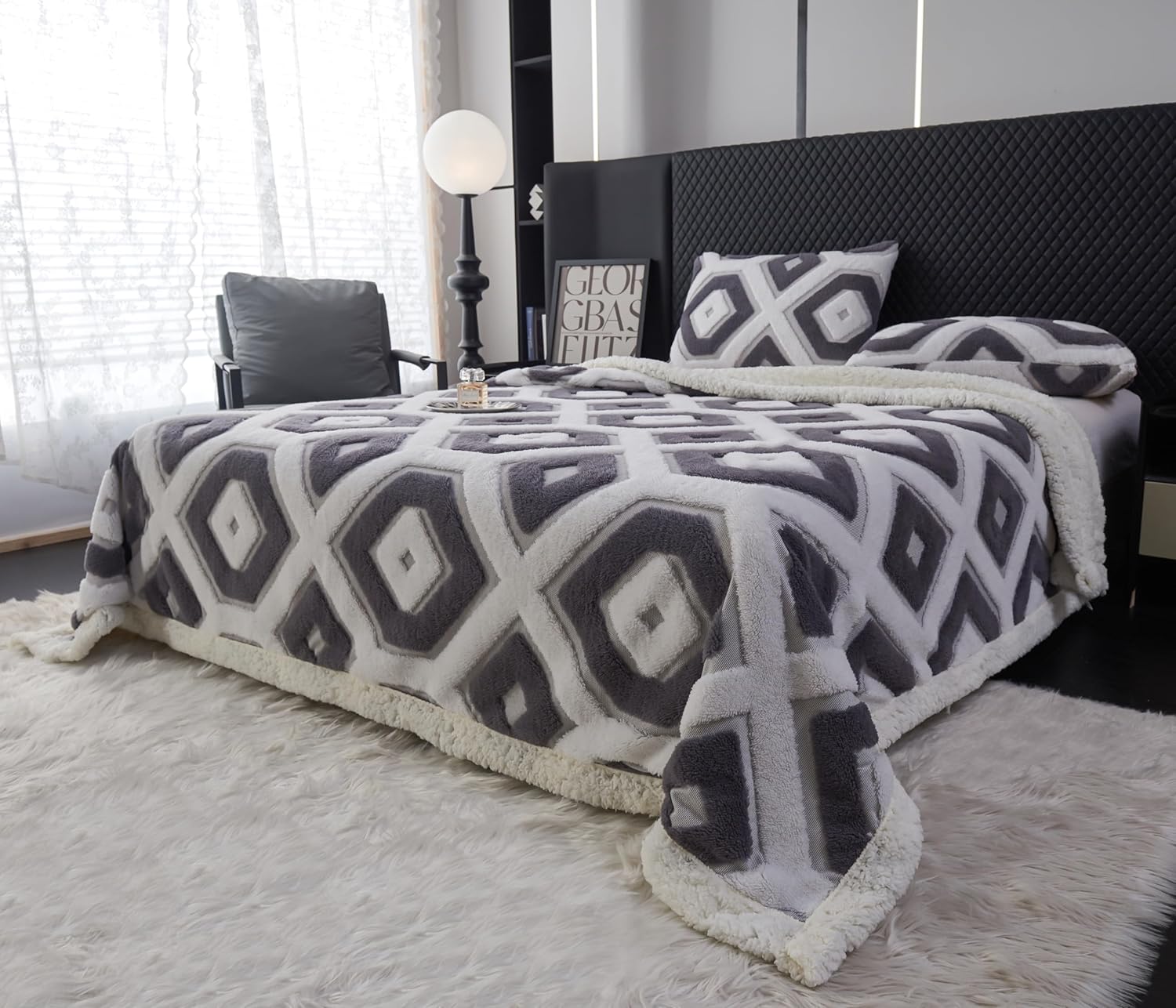 LEVINIS Boho Sherpa Fleece Blanket 80'' × 90'', Ultra Soft Aztec Queen Blankets for All Season, Cozy, Plush, Bohemian Throw Blanket for Bed/Couch/Sofa/Office/Camping, Dark Grey - Image 3