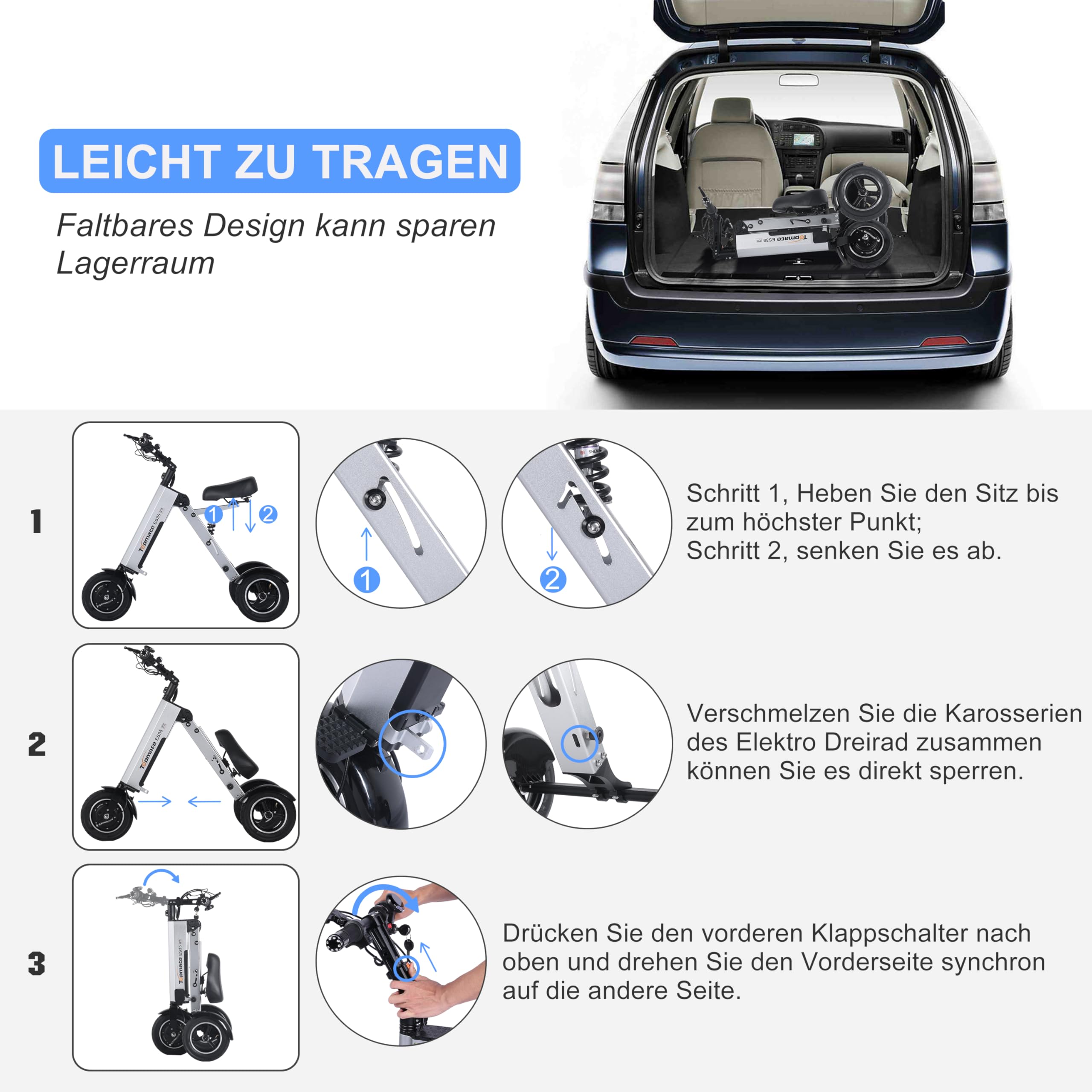 TopMate 3-Rad-Mobilitätsroller für Erwachsene mit Sitz, Leichter Elektro-Dreirad mit Abnehmbarem 36-V-7,8-Ah-Akku, Rückwärtsfunktion und Schlüsselschalter
