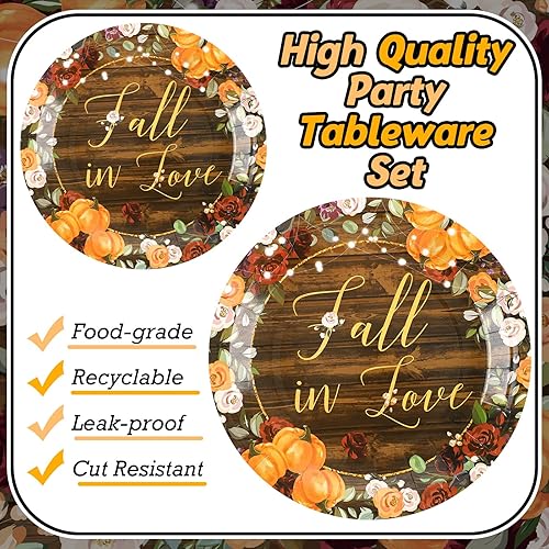 Miniatura 4 de Sunnyray 96 piezas de decoración de fiesta de enamoramiento, suministros de calabaza y flores, juego de vajilla de otoño, platos de postre para
